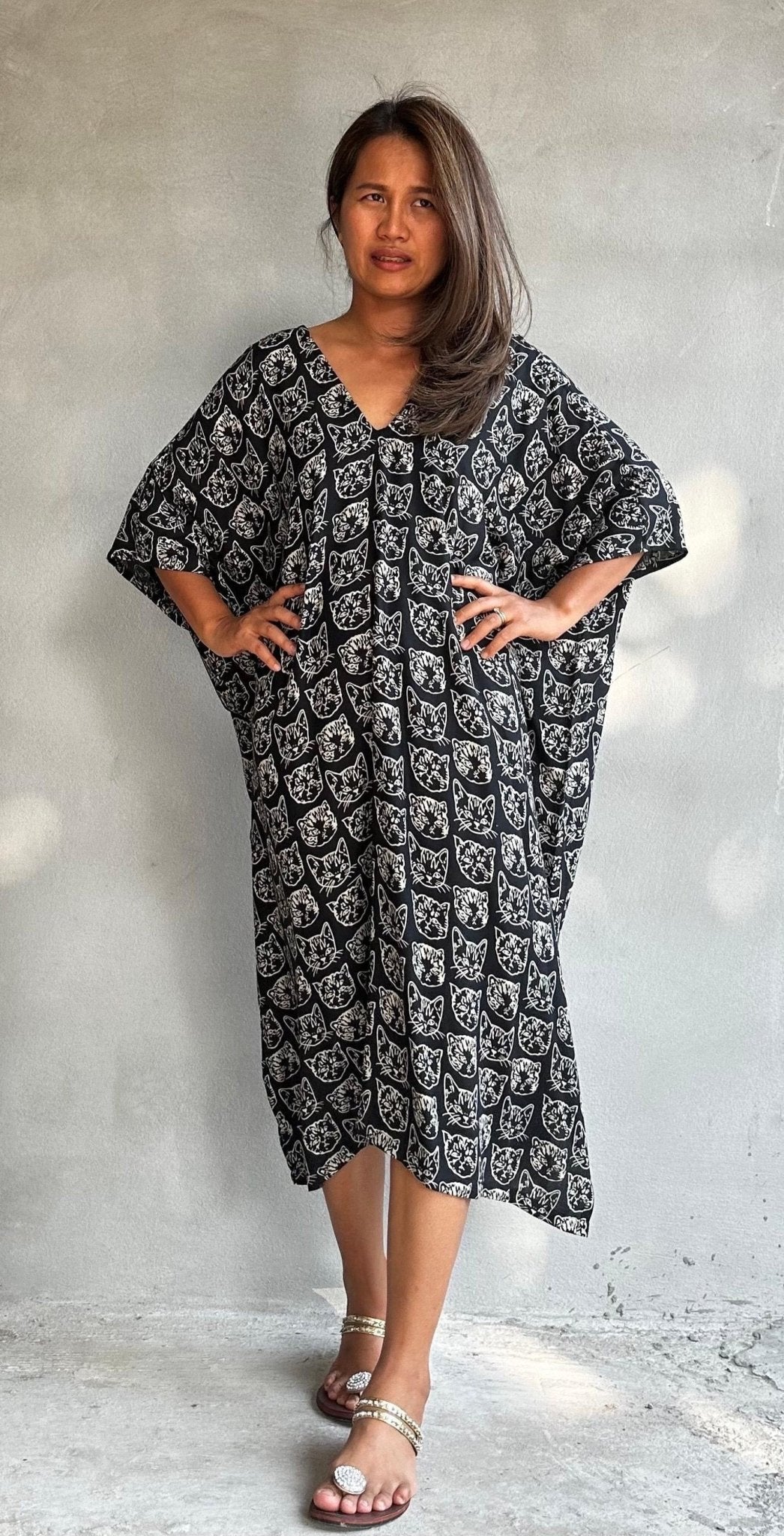 Camila Lucky Cat Kaftan in Black-CM-62-Mala Handworks