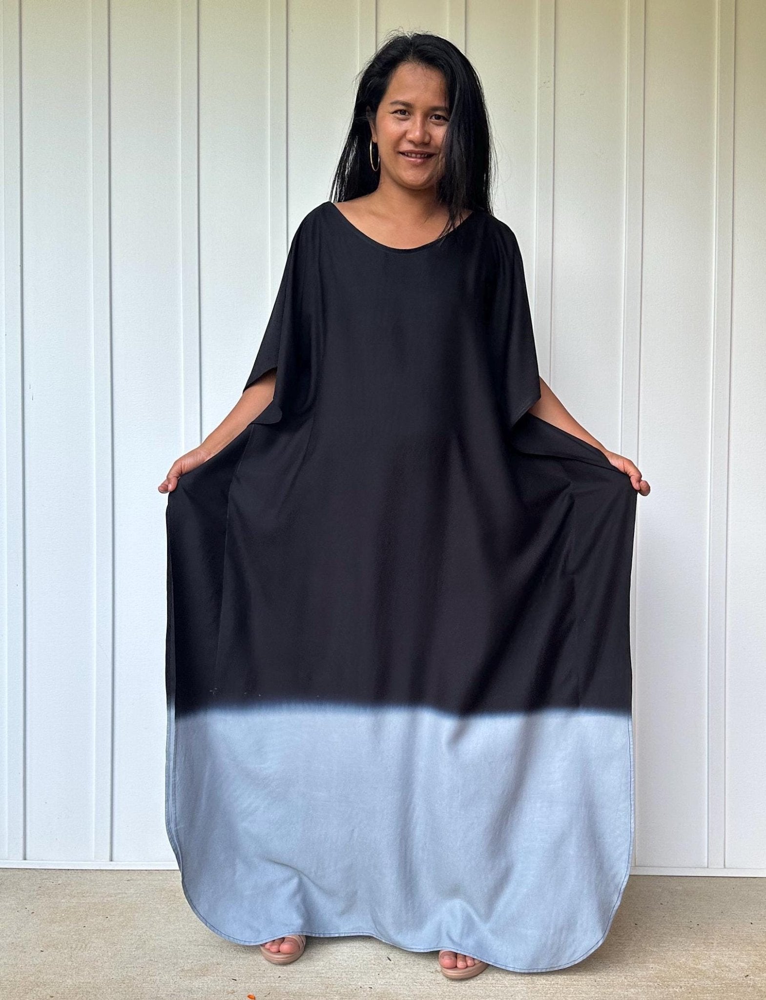 Cora Kaftan in Black and Gray Hand Painted Batik - Mala Handworks