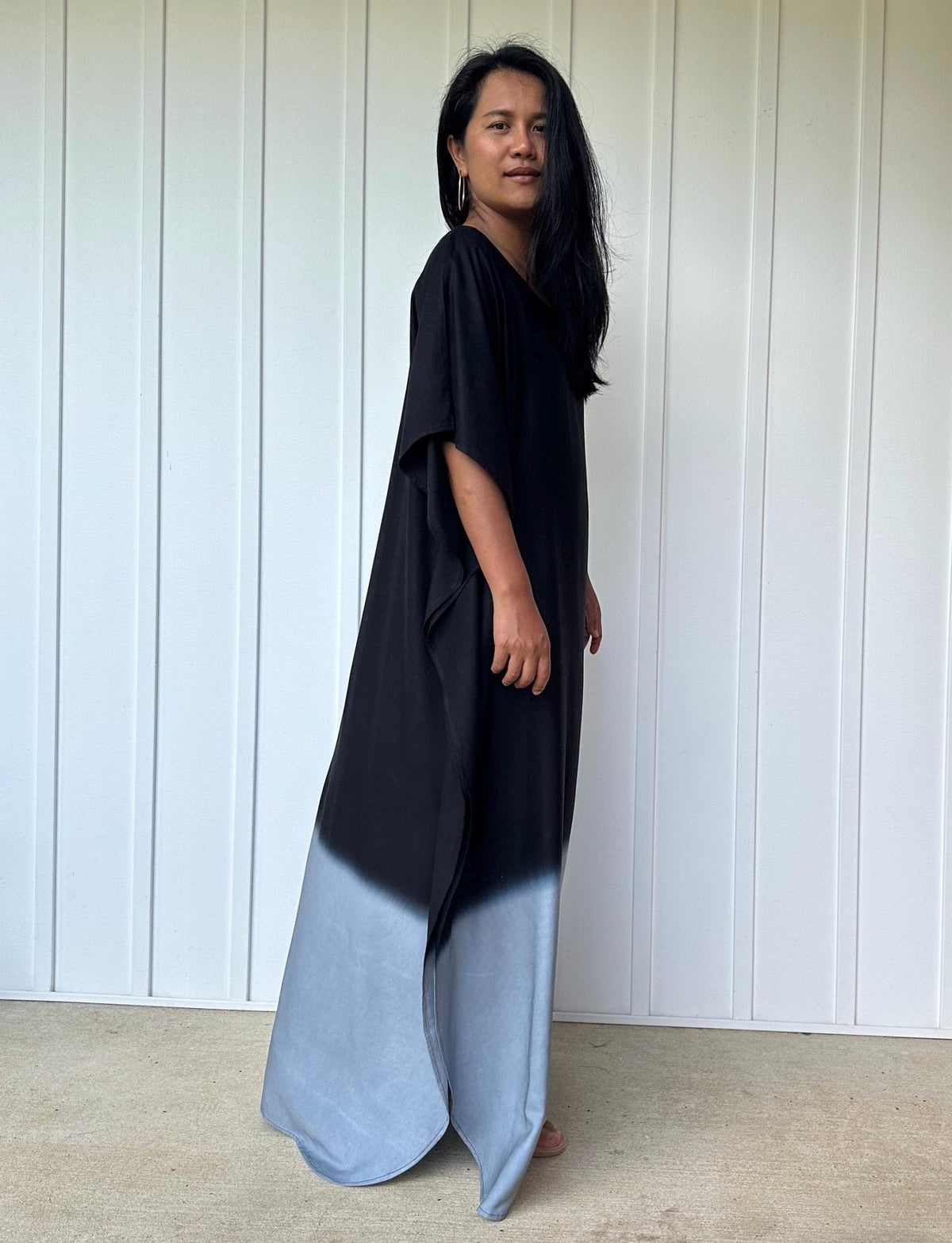 Cora Kaftan in Black and Gray Hand Painted Batik - Mala Handworks
