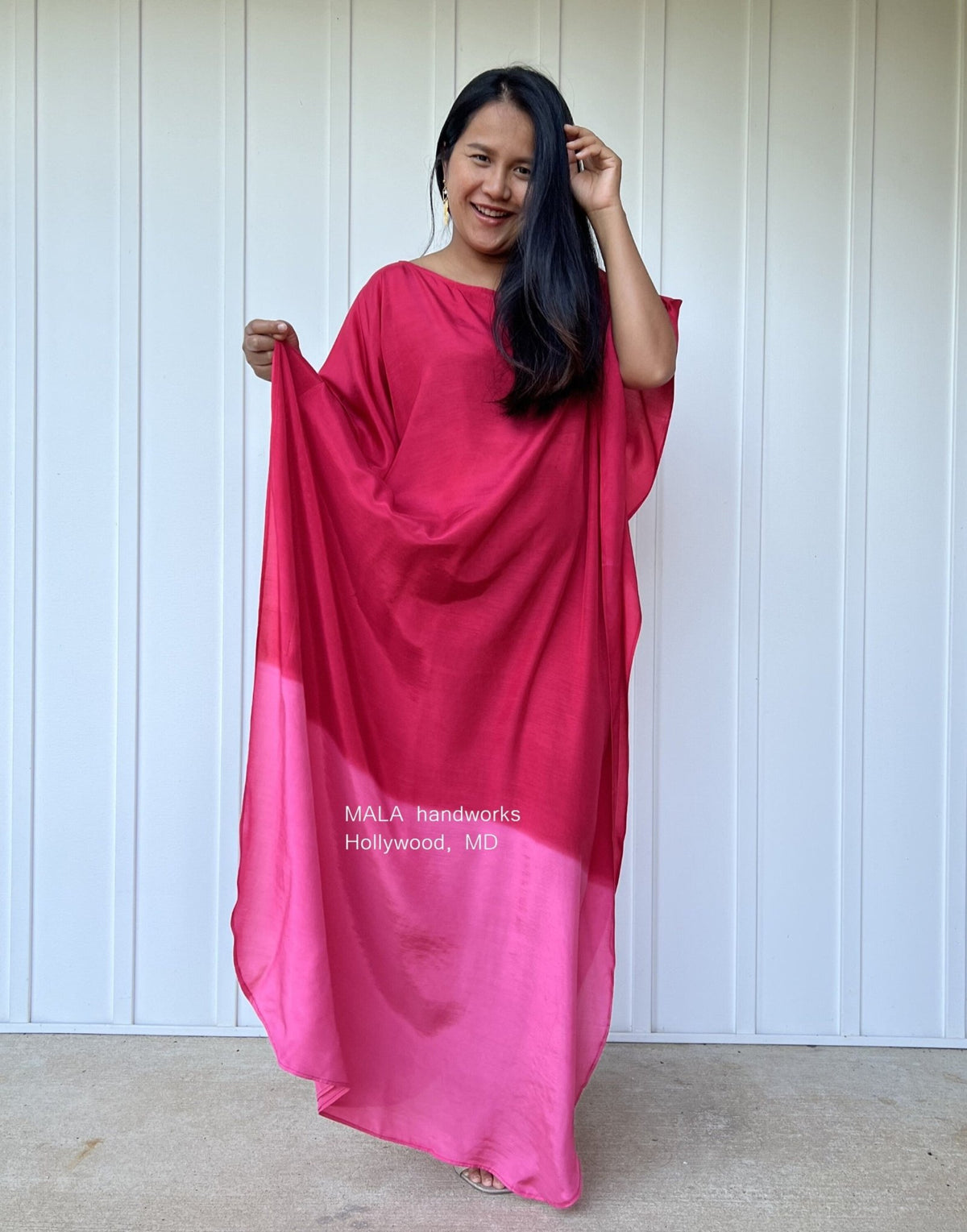 Cora Kaftan in Red and Pink Hand Painted Batik-C-13-50-Mala Handworks