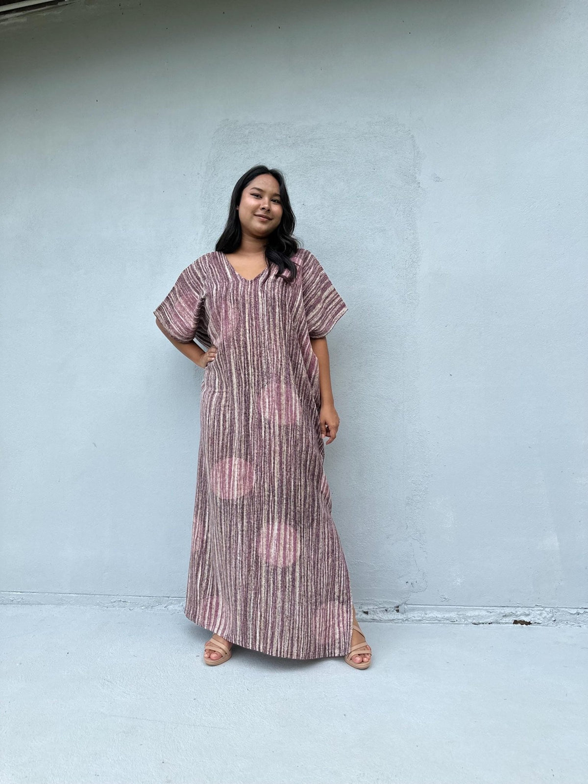 Daria Hand-Painted Cotton Kaftan with Mauve Stripe-DD-25-Mala Handworks
