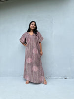 Daria Hand-Painted Cotton Kaftan with Mauve Stripe-DD-25-Mala Handworks