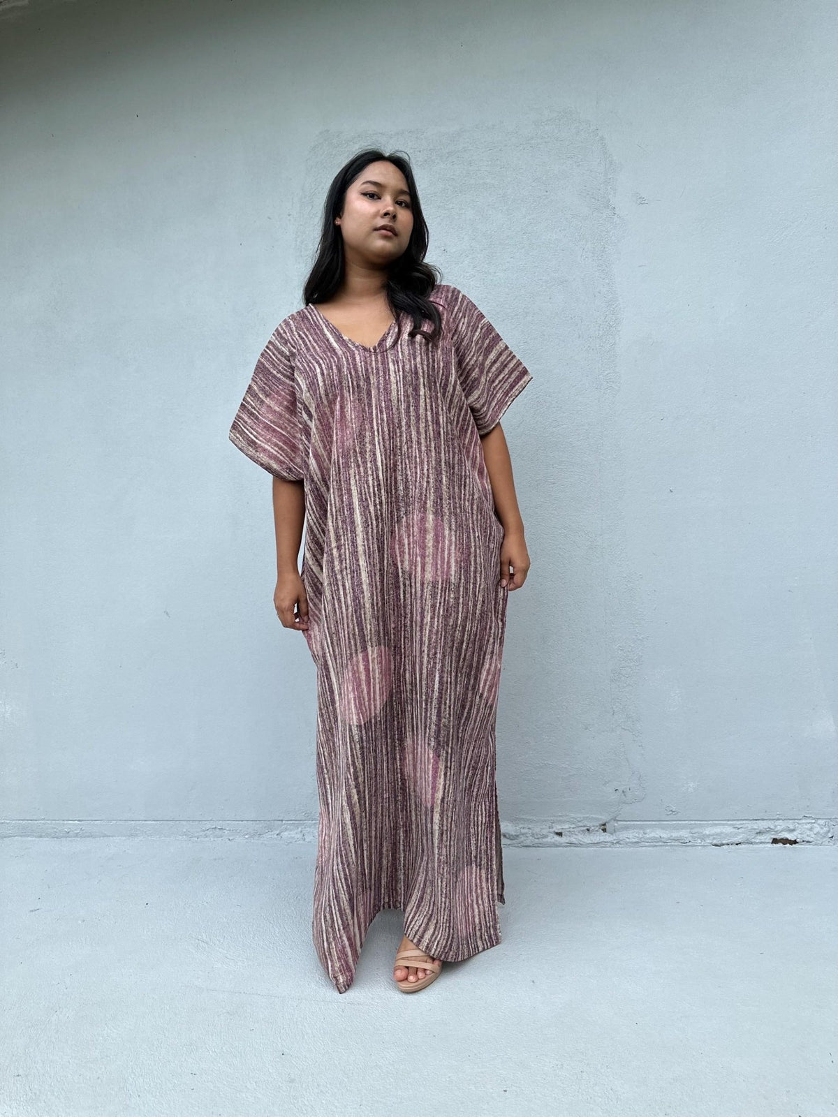 Daria Hand-Painted Cotton Kaftan with Mauve Stripe-DD-25-Mala Handworks