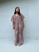 Daria Hand-Painted Cotton Kaftan with Mauve Stripe-DD-25-Mala Handworks