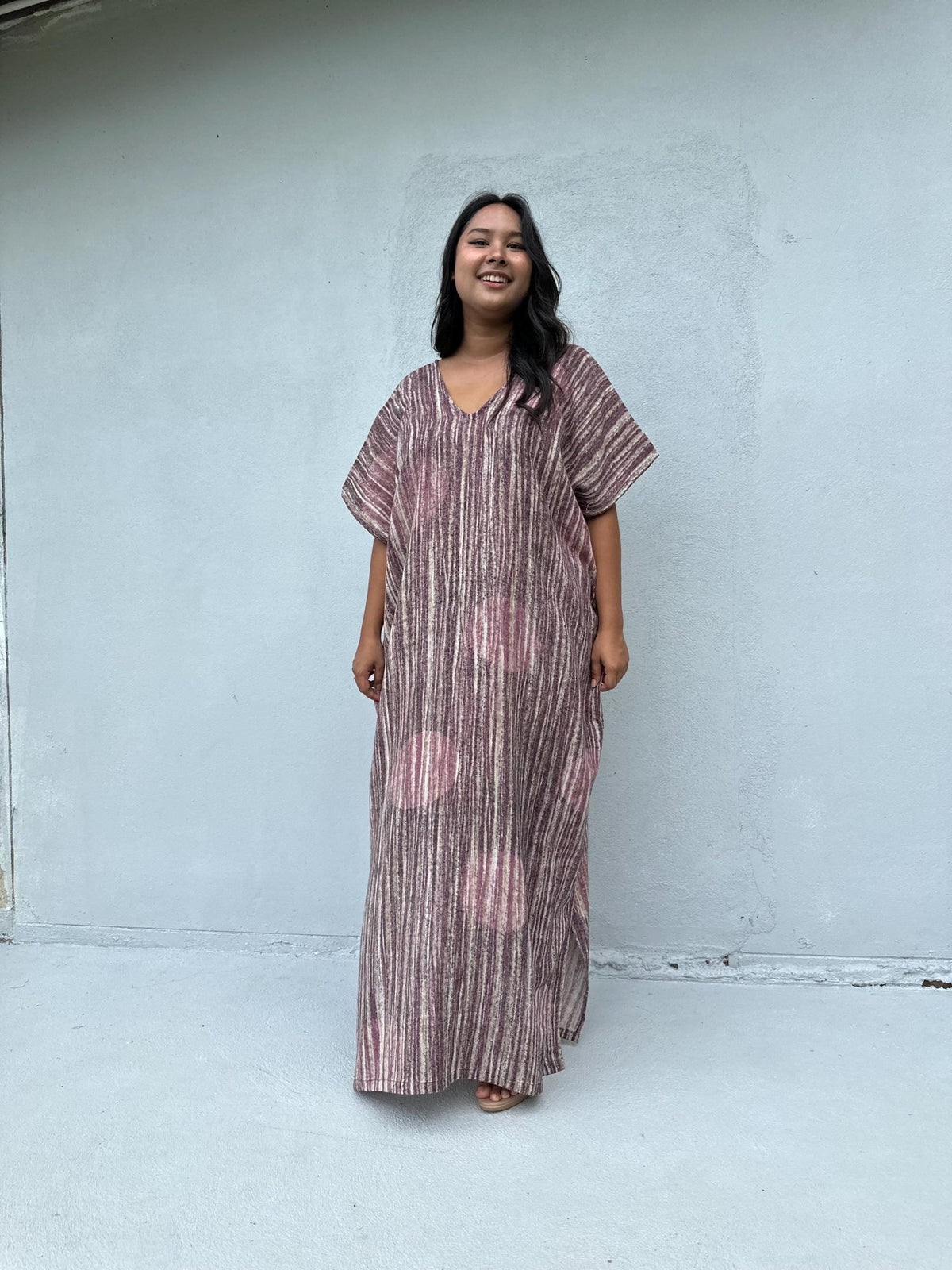 Daria Hand-Painted Cotton Kaftan with Mauve Stripe-DD-25-Mala Handworks
