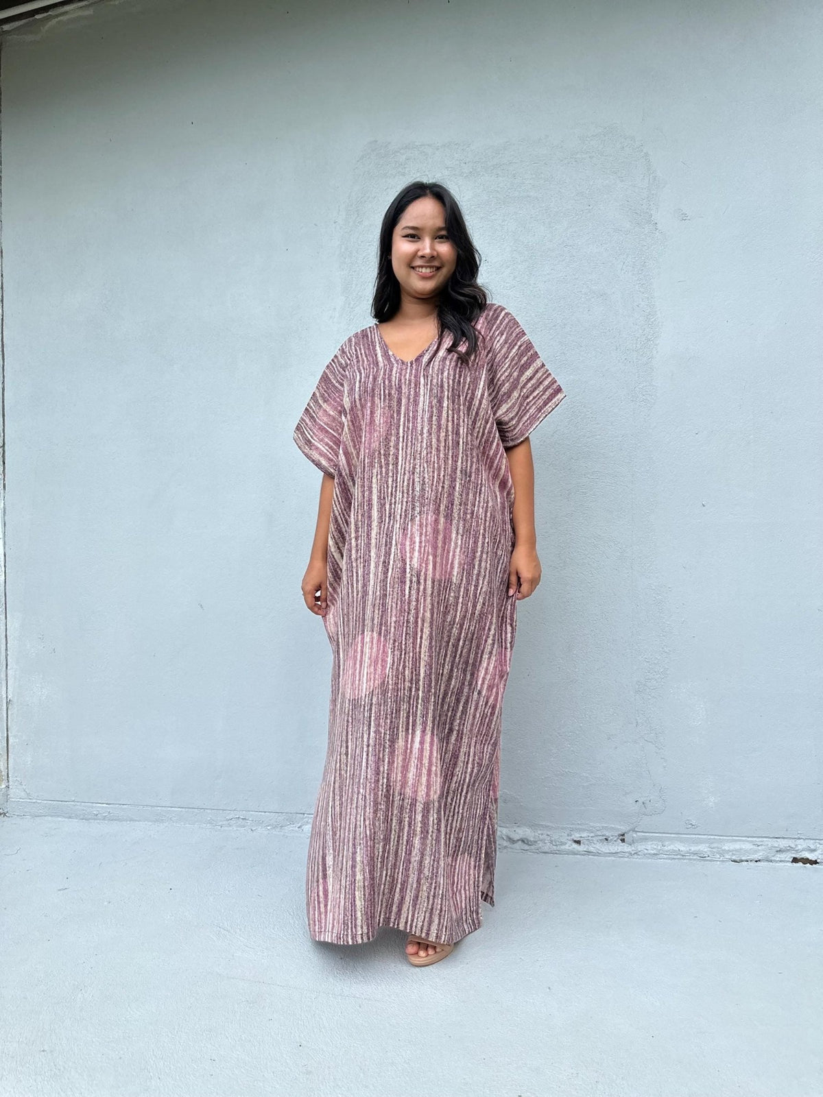 Daria Hand-Painted Cotton Kaftan with Mauve Stripe-DD-25-Mala Handworks