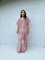 Daria Hand-Painted Cotton Kaftan with Mauve Stripe-DD-25-Mala Handworks