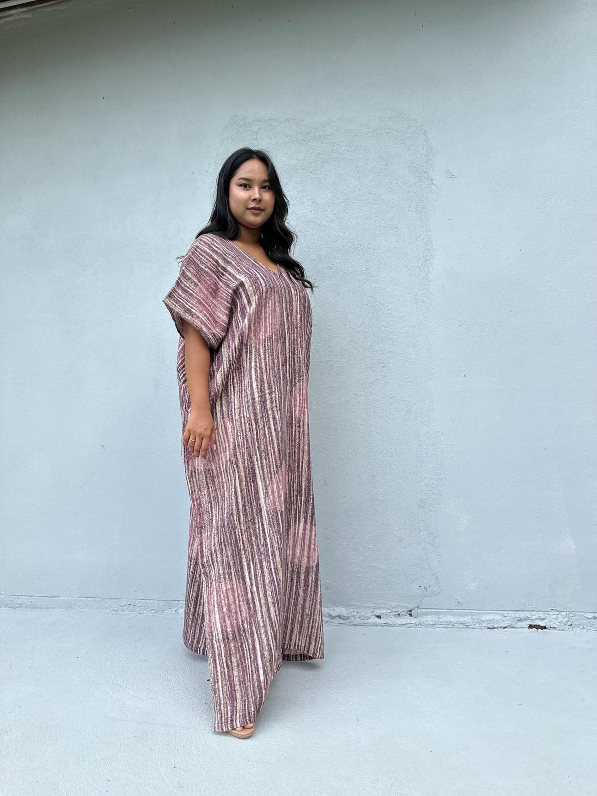 Daria Hand-Painted Cotton Kaftan with Mauve Stripe-DD-25-Mala Handworks