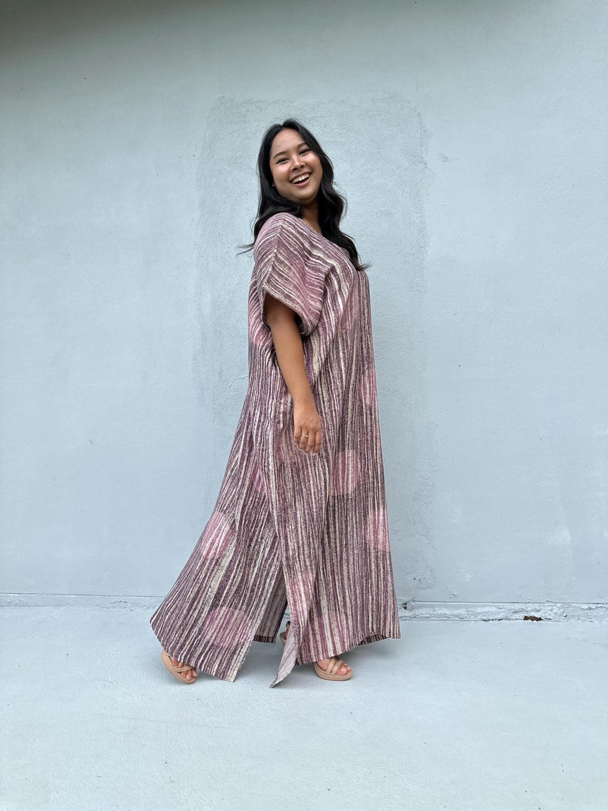 Daria Hand-Painted Cotton Kaftan with Mauve Stripe-DD-25-Mala Handworks