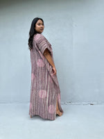 Daria Hand-Painted Cotton Kaftan with Mauve Stripe-DD-25-Mala Handworks