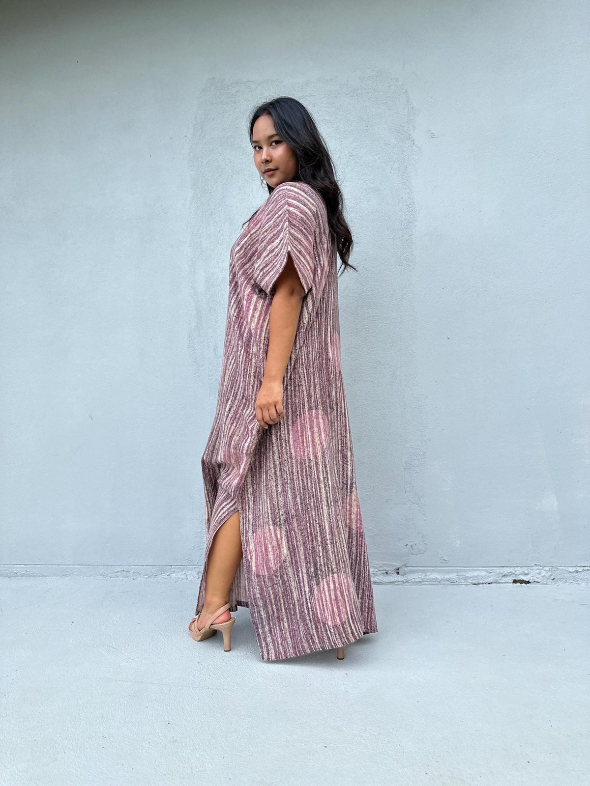 Daria Hand-Painted Cotton Kaftan with Mauve Stripe-DD-25-Mala Handworks