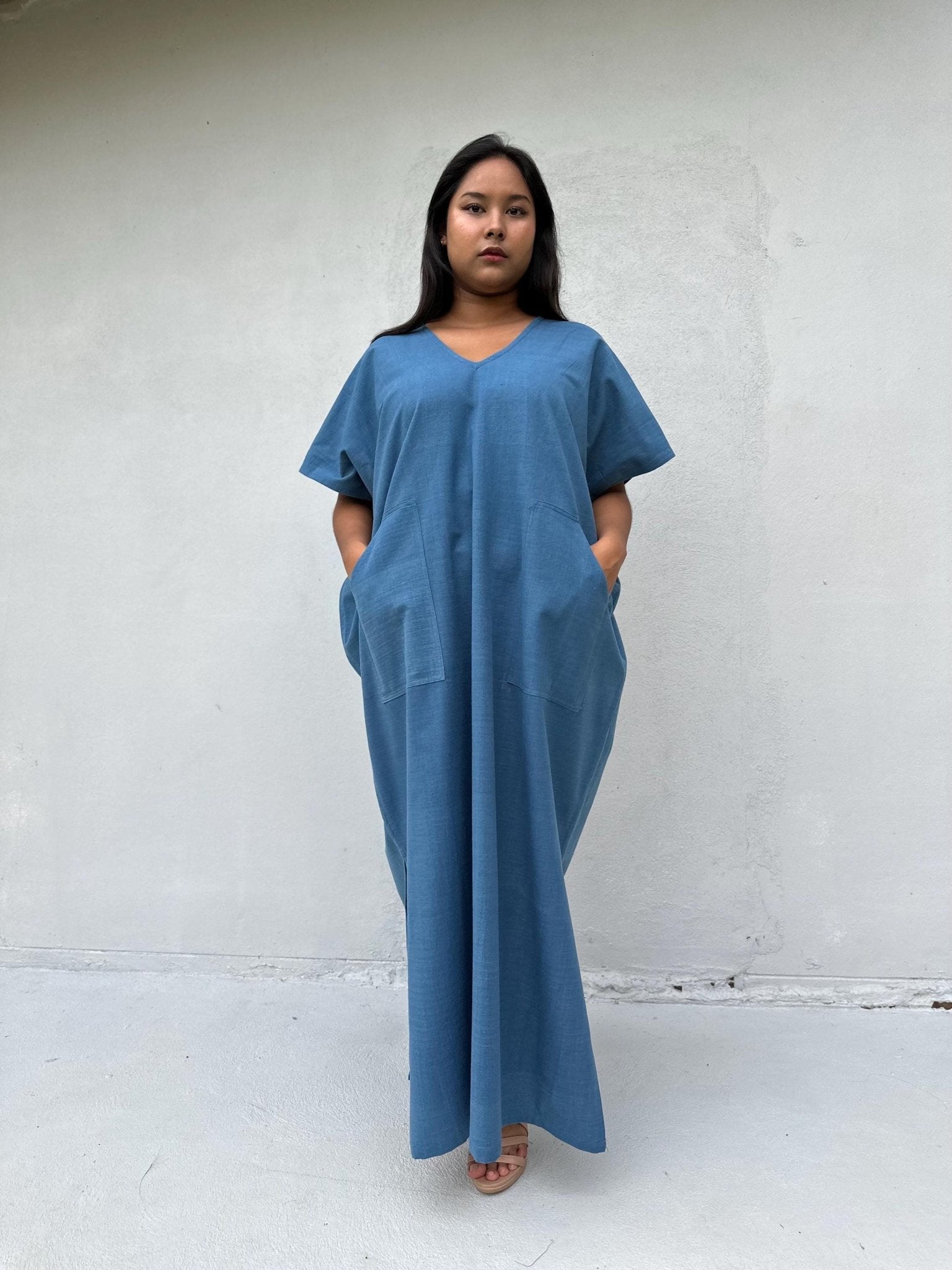 Mala Handworks Daria Hand-Woven Cotton Kaftan in Blue