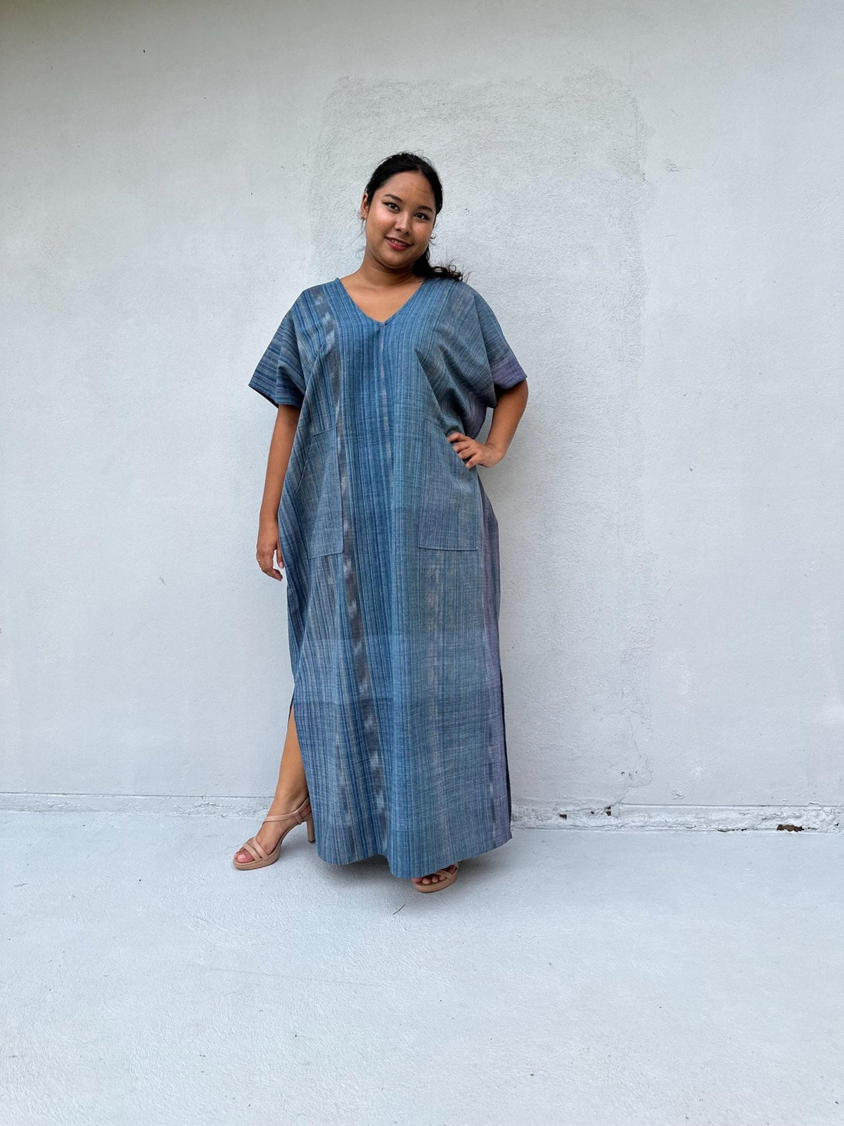 Mala Handworks Daria Hand-Woven Cotton Kaftan in Indigo Stripe