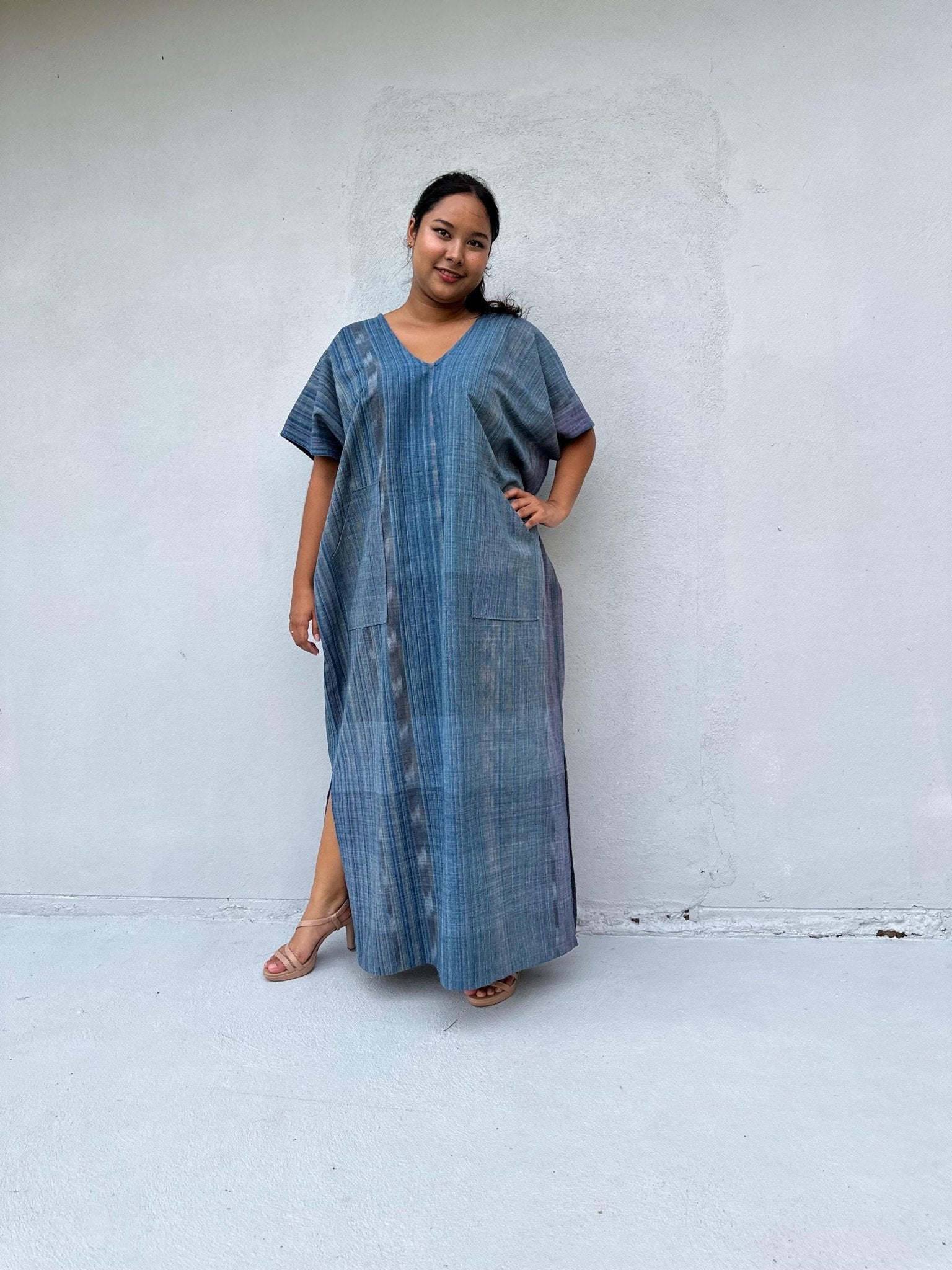 Mala Handworks Daria Hand-Woven Cotton Kaftan in Indigo Stripe