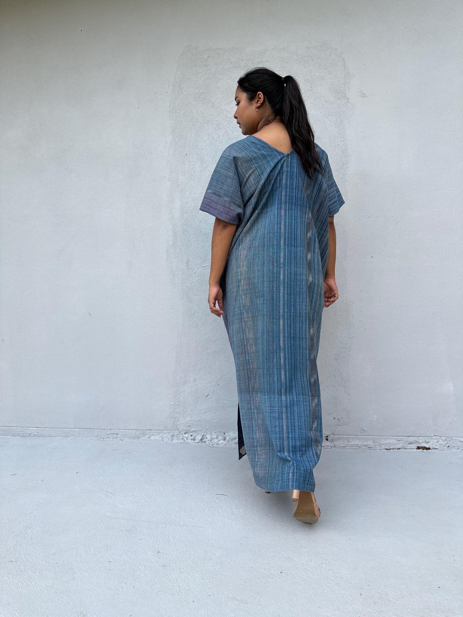 Mala Handworks Daria Hand-Woven Cotton Kaftan in Indigo Stripe