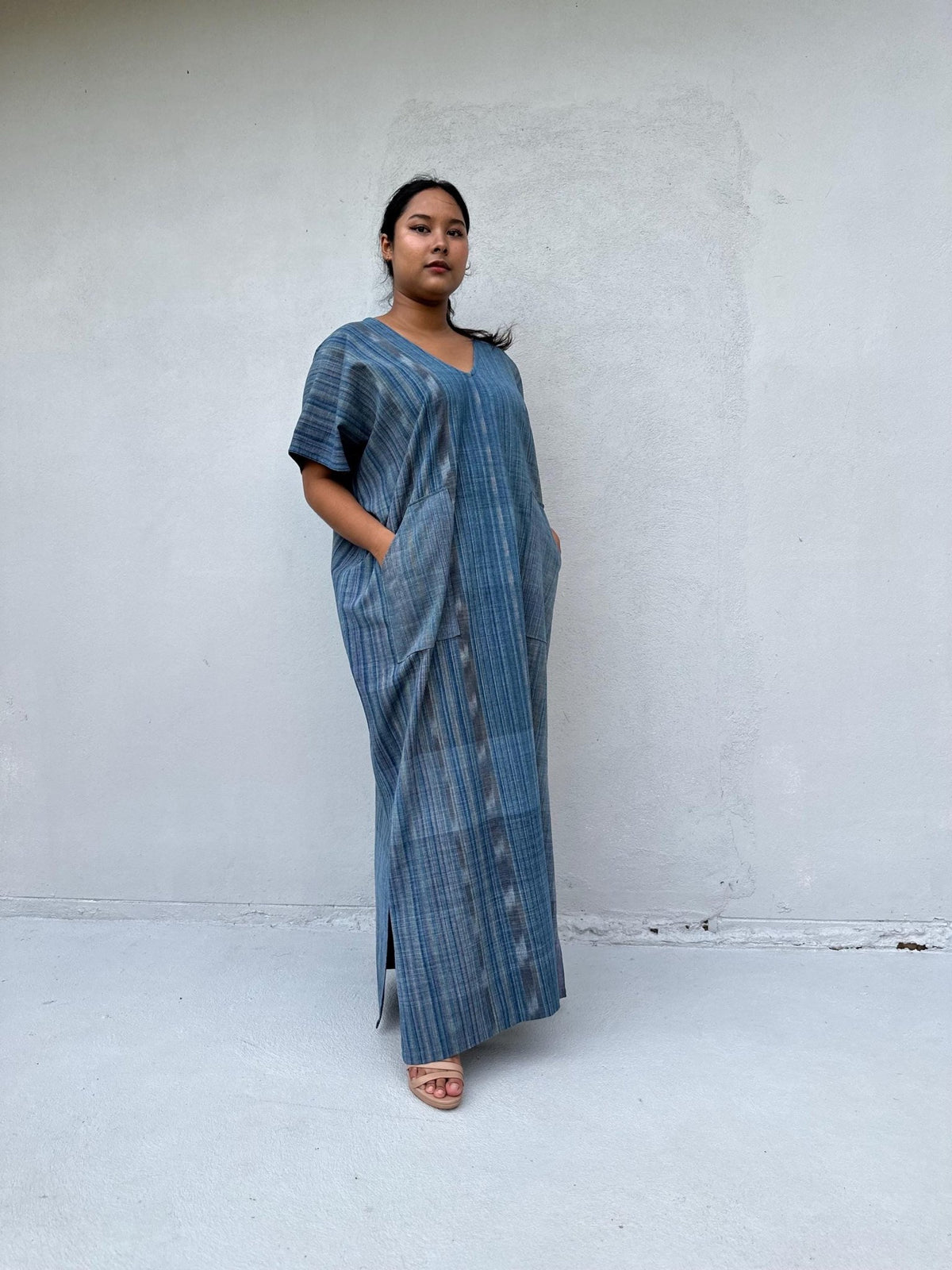 Mala Handworks Daria Hand-Woven Cotton Kaftan in Indigo Stripe