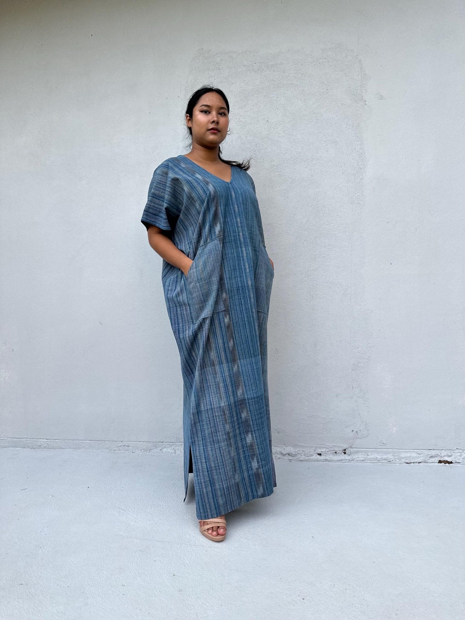 Mala Handworks Daria Hand-Woven Cotton Kaftan in Indigo Stripe