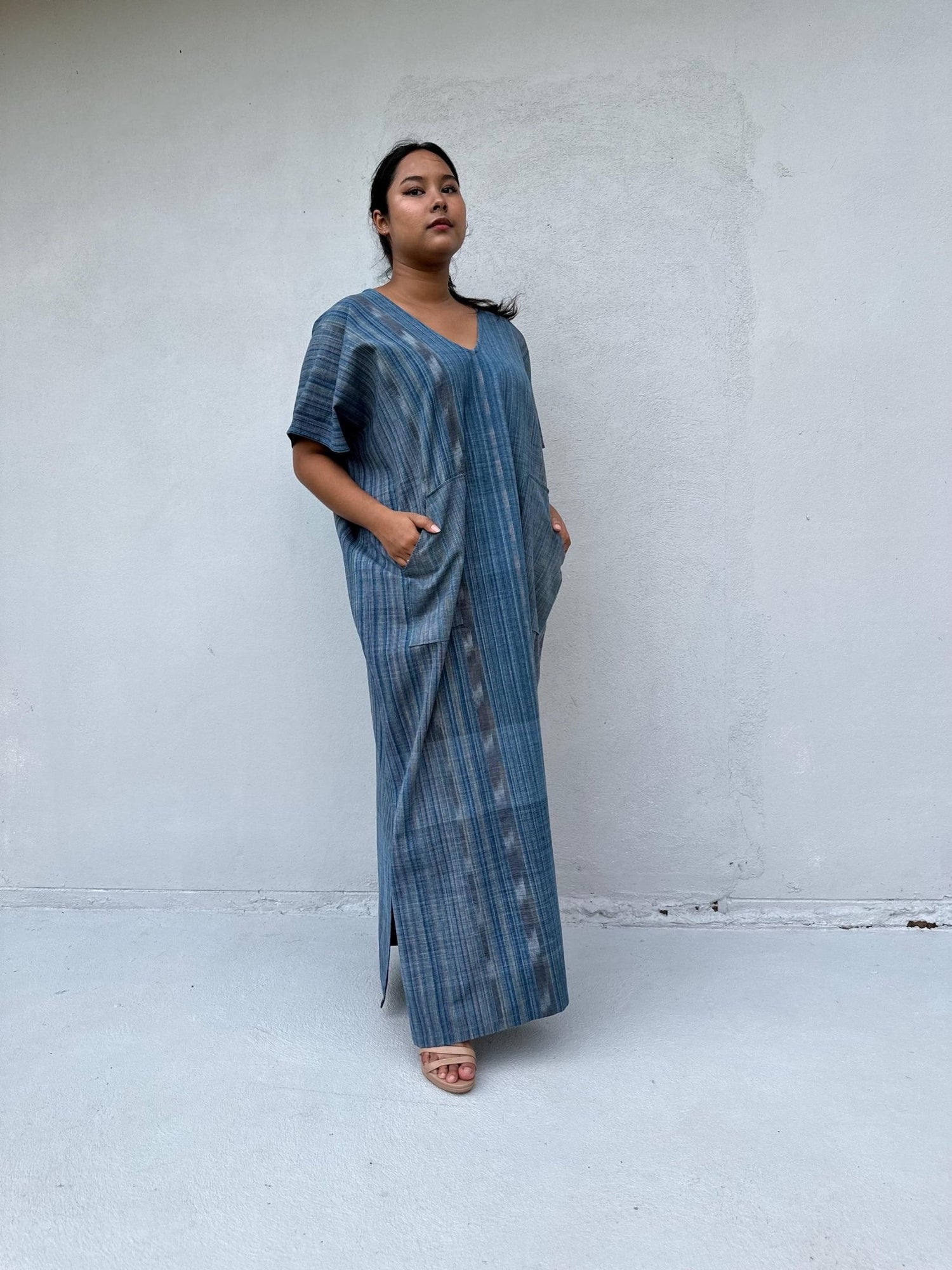 Mala Handworks Daria Hand-Woven Cotton Kaftan in Indigo Stripe