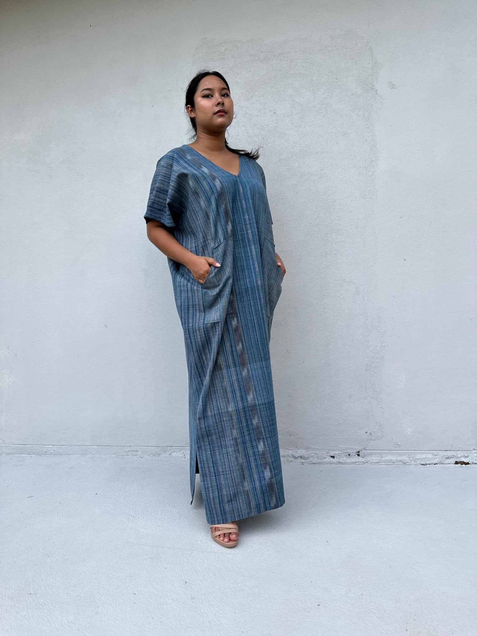 Mala Handworks Daria Hand-Woven Cotton Kaftan in Indigo Stripe