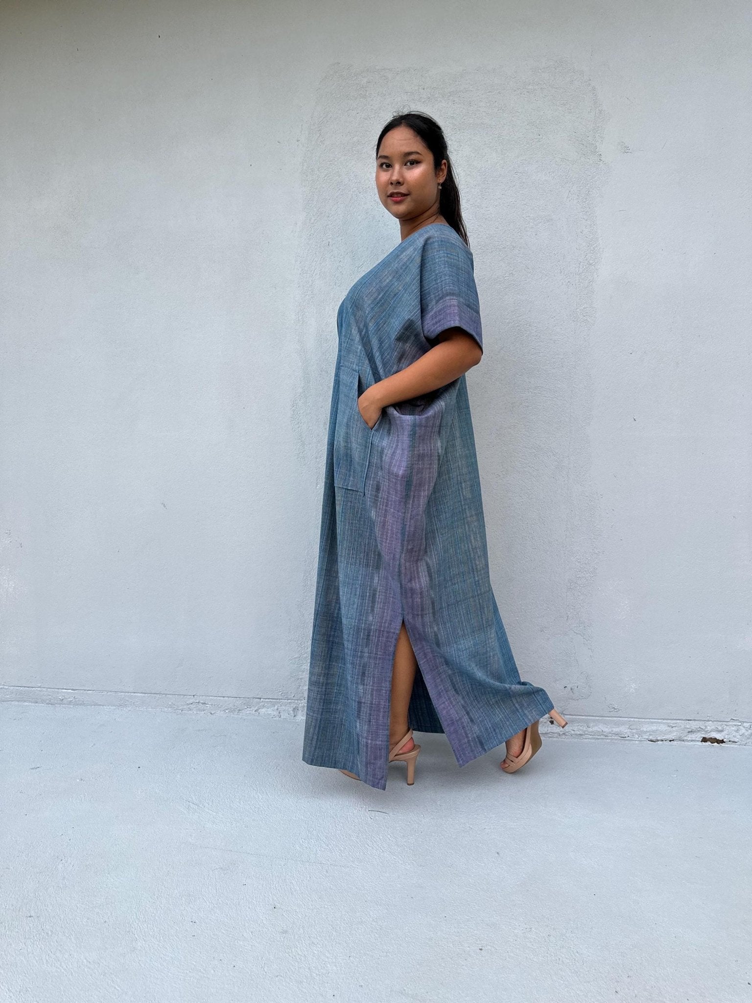 Mala Handworks Daria Hand-Woven Cotton Kaftan in Indigo Stripe