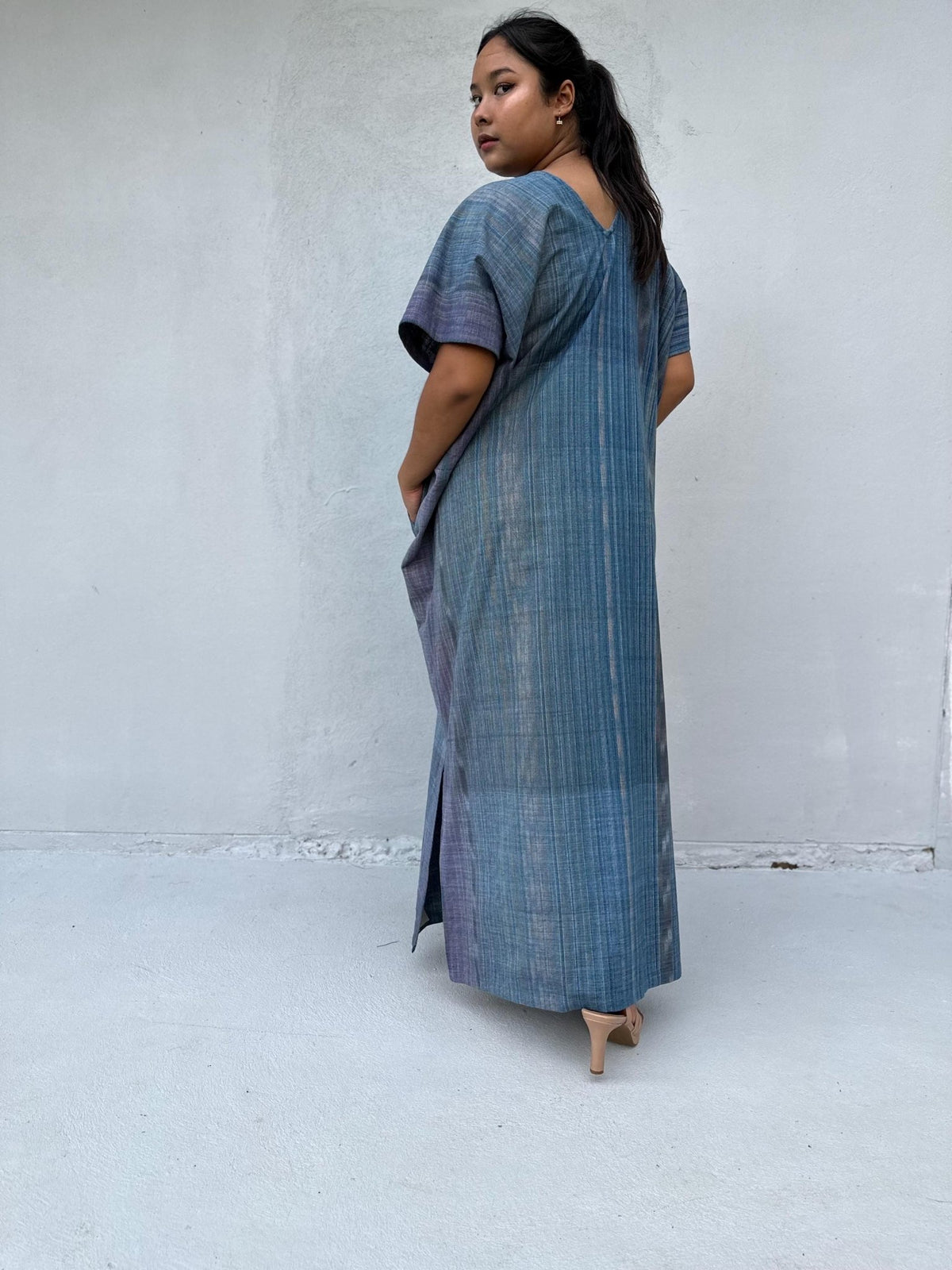 Mala Handworks Daria Hand-Woven Cotton Kaftan in Indigo Stripe