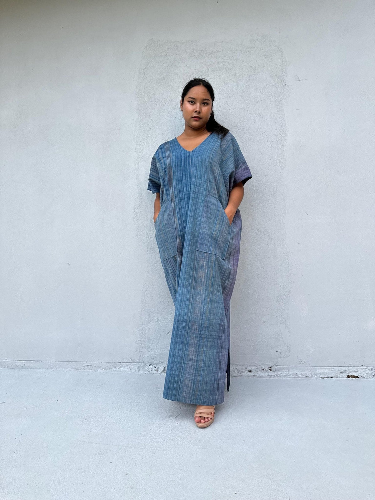Mala Handworks Daria Hand-Woven Cotton Kaftan in Indigo Stripe