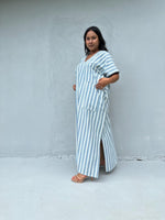 Mala Handworks Daria Hand-Woven Cotton Kaftan in White & Mist Stripe