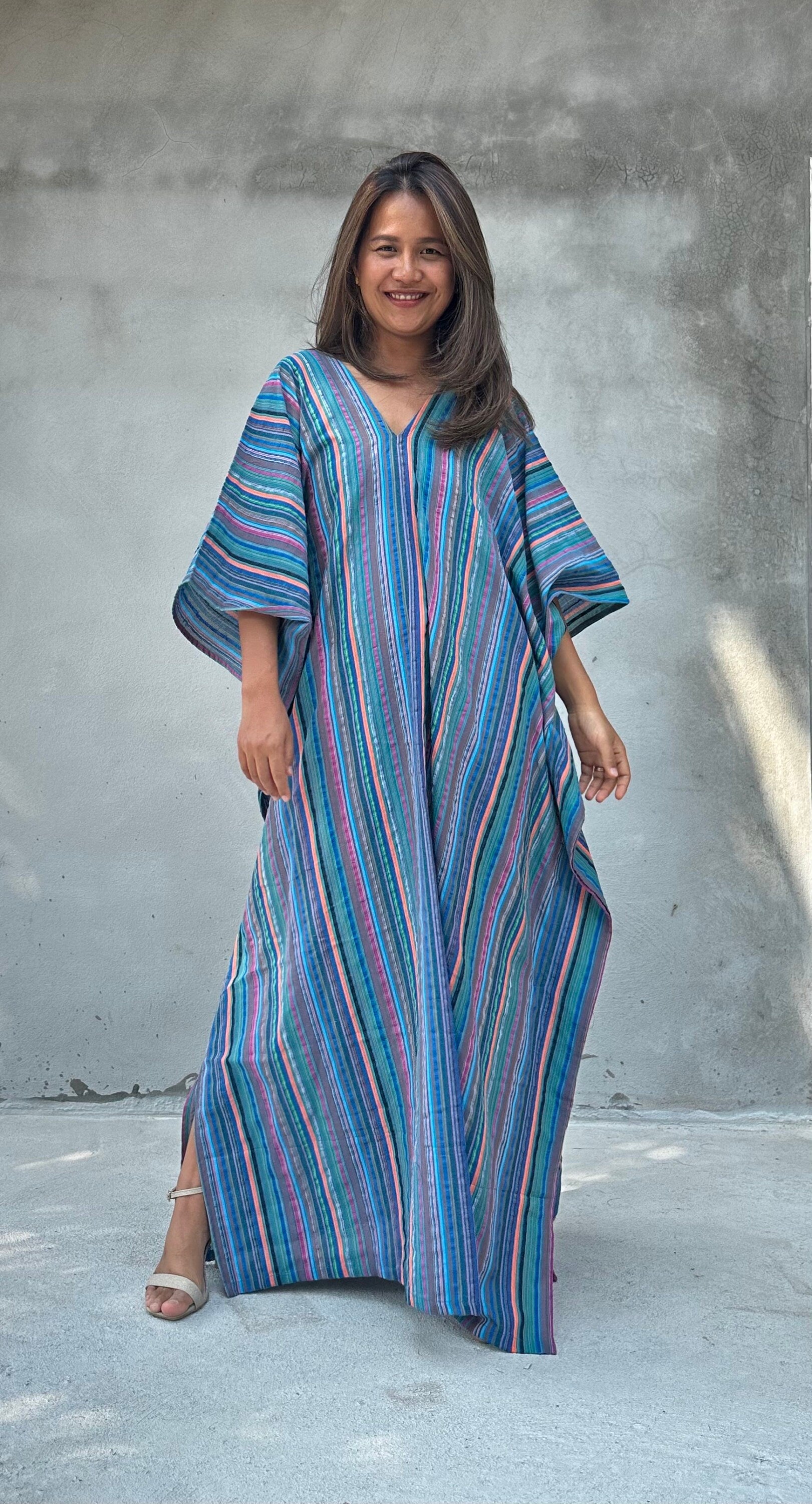 Mala Handworks Ella Plus Size Cotton Kaftan with Blueberry Blue Stripes