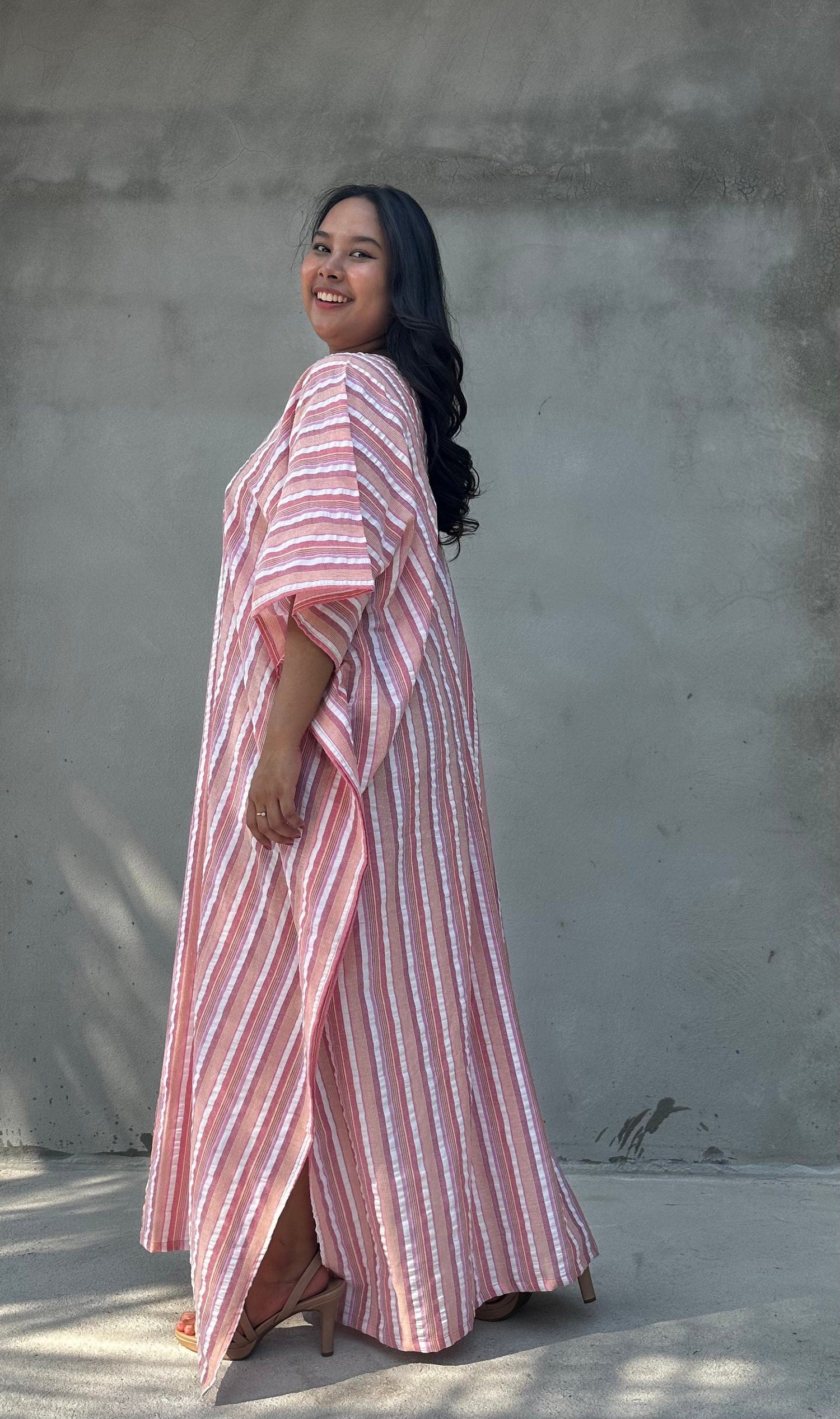 Mala Handworks Ella Plus Size Cotton Kaftan with Taupe and Rose Stripes