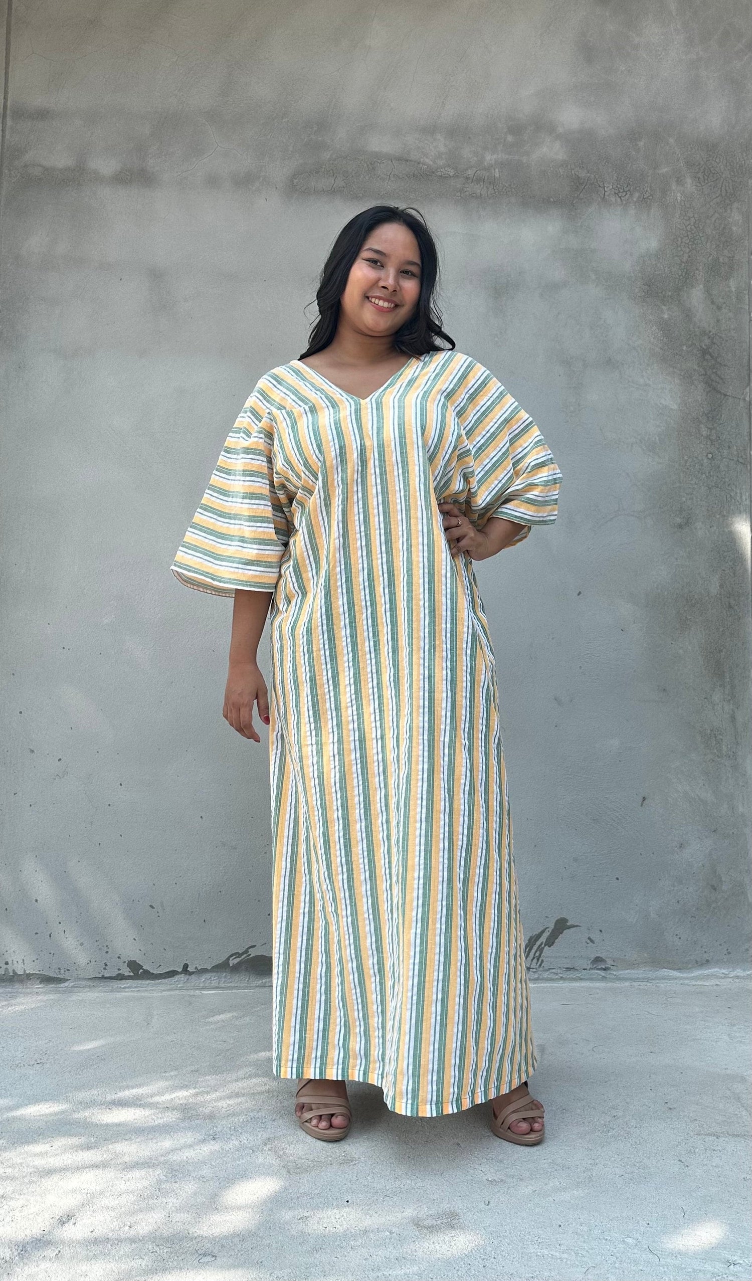 Mala Handworks Ella Plus Size Cotton Kaftan with Yellow and Sage Stripes
