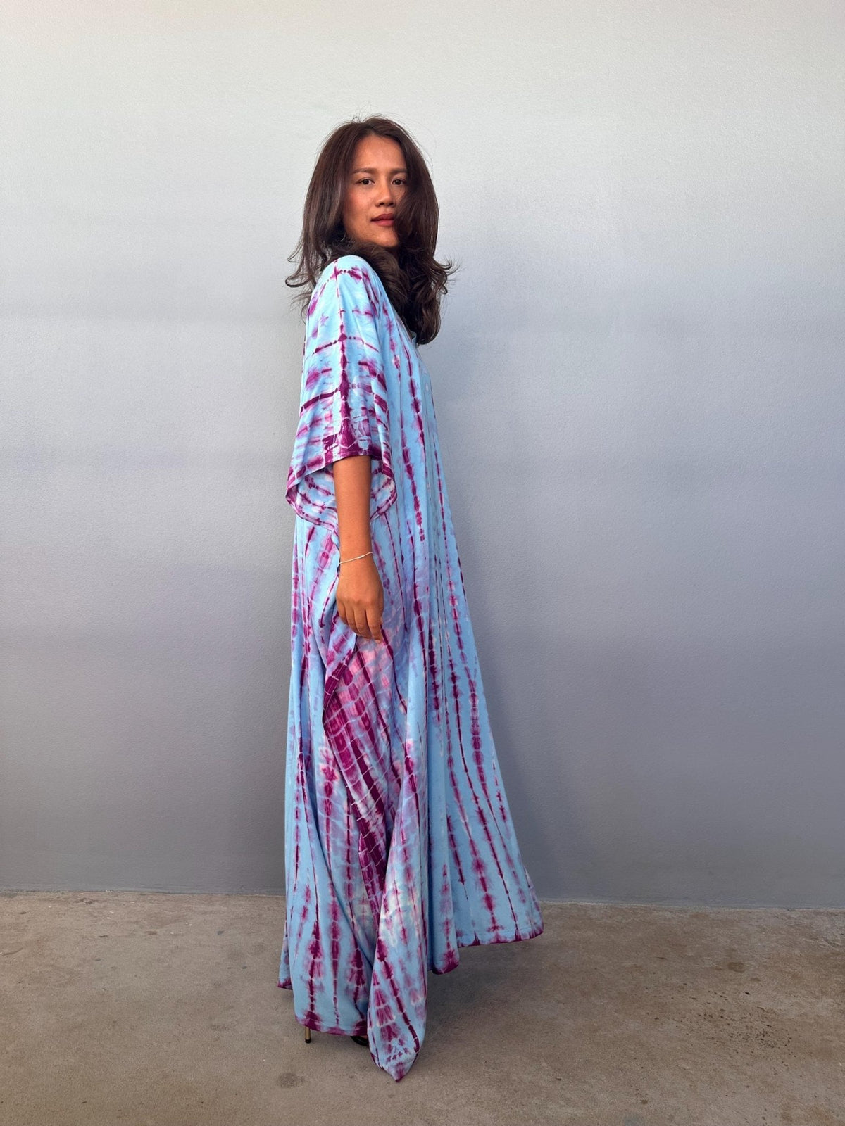 Eva Kaftan in Aqua & Purple Tie Dye-AA-47-Mala Handworks