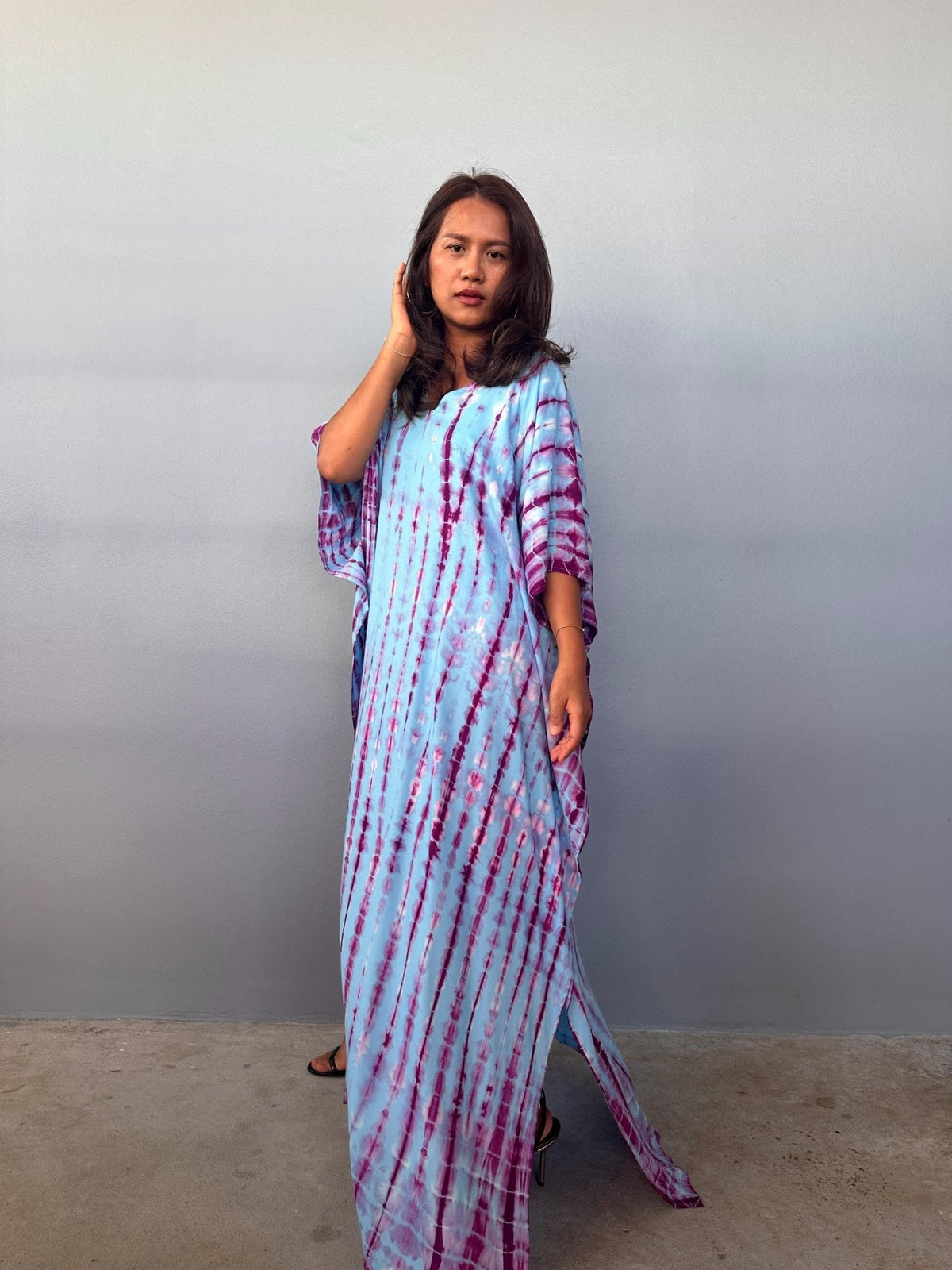 Eva Kaftan in Aqua & Purple Tie Dye-AA-47-Mala Handworks