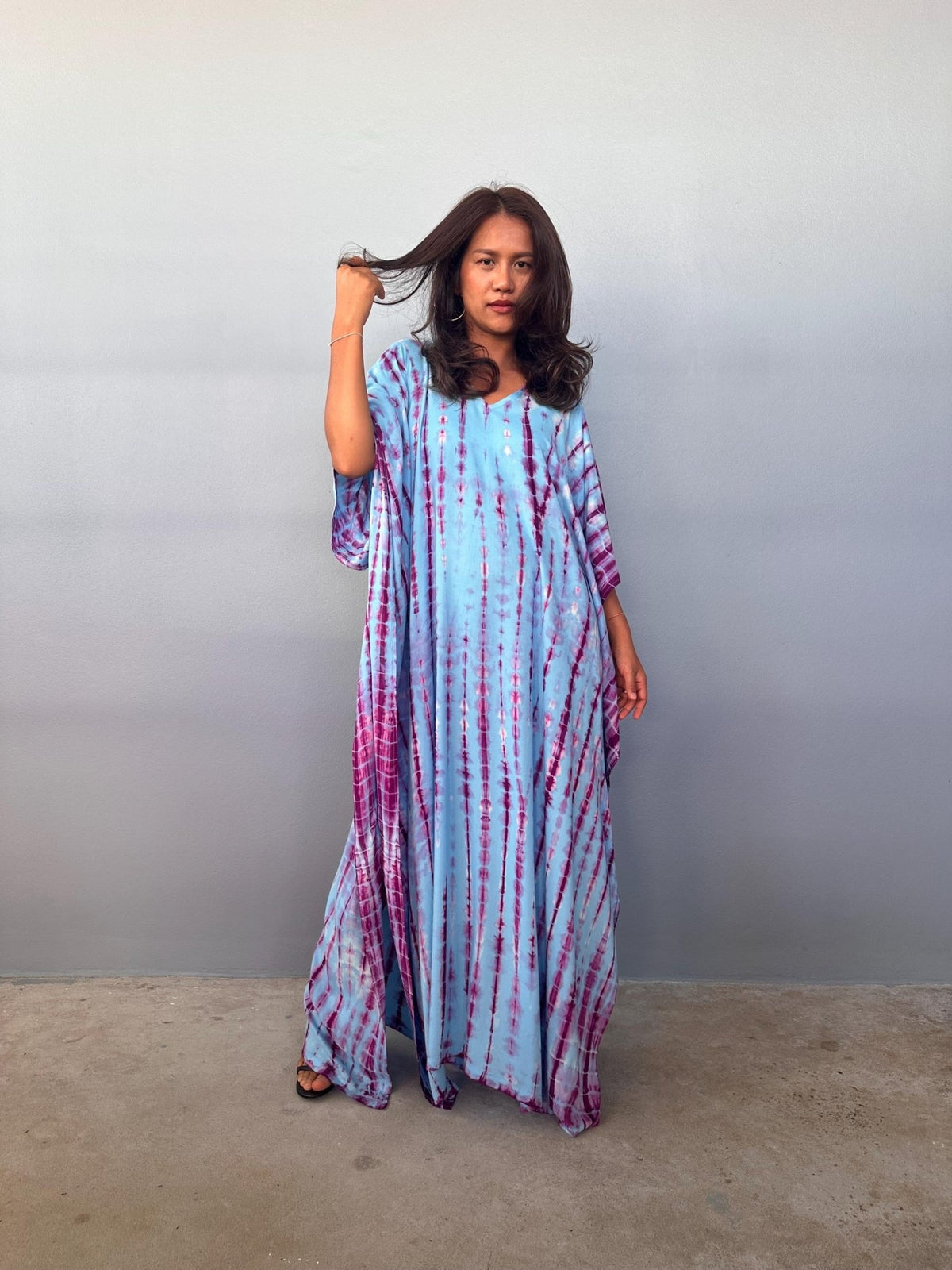 Eva Kaftan in Aqua & Purple Tie Dye-AA-47-Mala Handworks