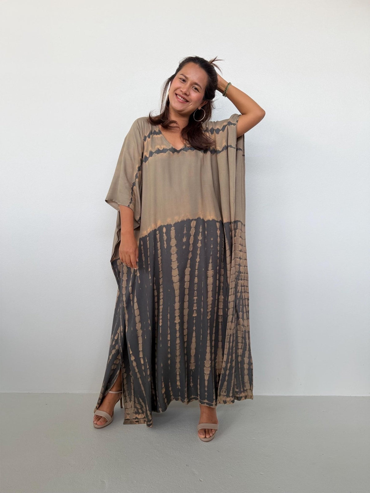 Eva Kaftan in Brown & Sand Tie Dye - Horizon Pattern-AA-37-Mala Handworks