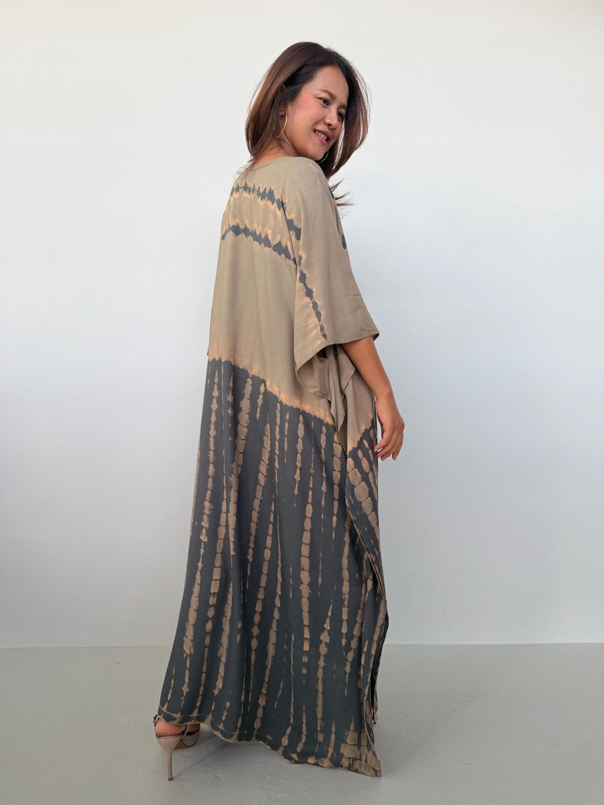 Eva Kaftan in Brown & Sand Tie Dye - Horizon Pattern-AA-37-Mala Handworks