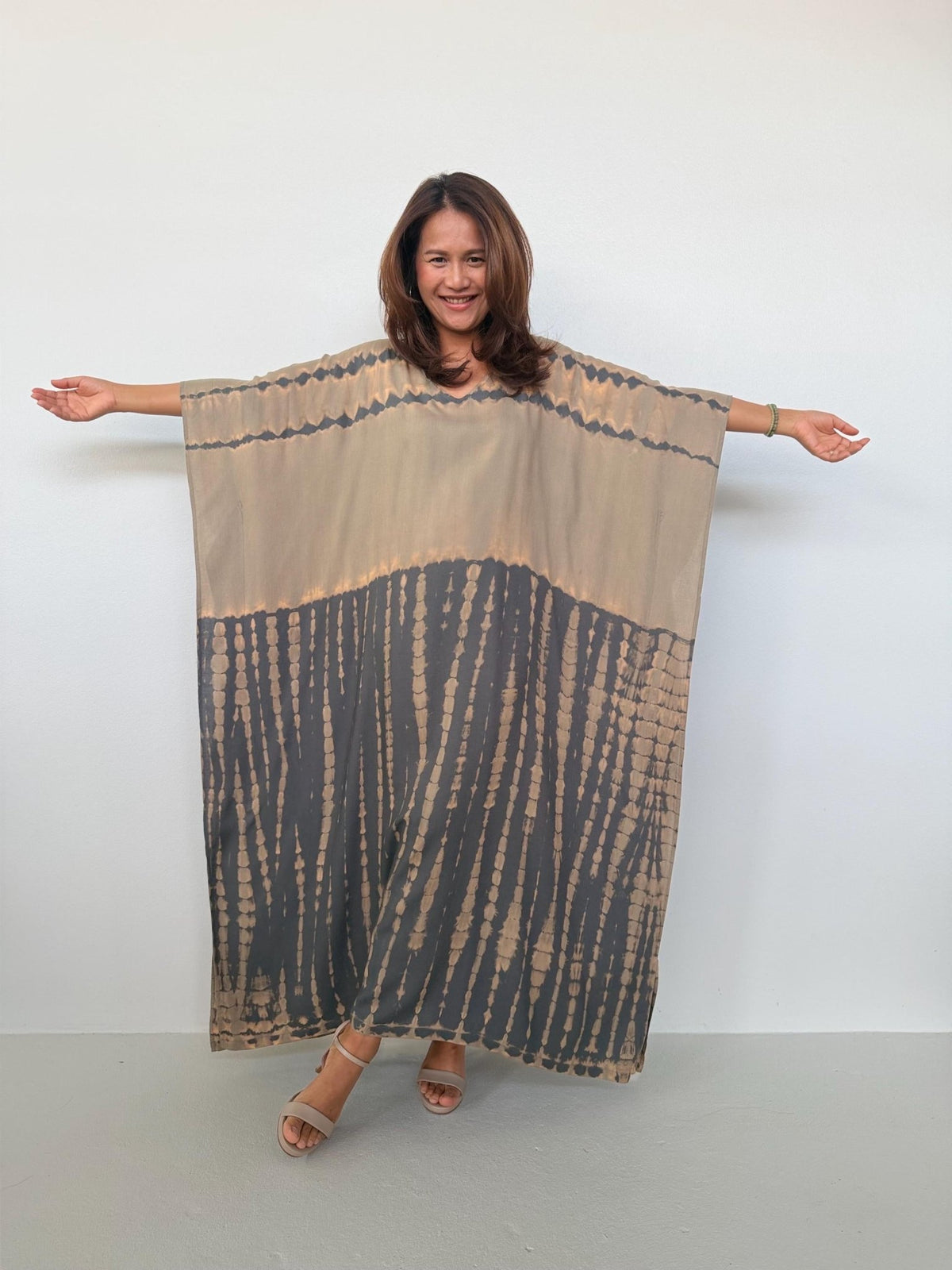 Eva Kaftan in Brown & Sand Tie Dye - Horizon Pattern-AA-37-Mala Handworks