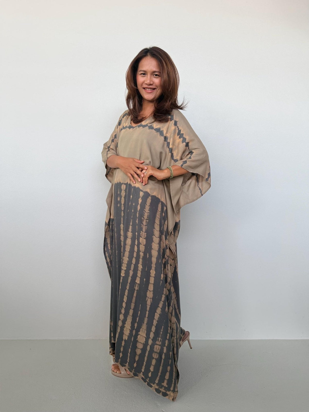 Eva Kaftan in Brown & Sand Tie Dye - Horizon Pattern-AA-37-Mala Handworks