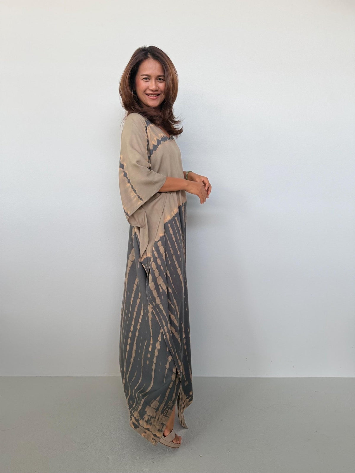 Eva Kaftan in Brown & Sand Tie Dye - Horizon Pattern-AA-37-Mala Handworks