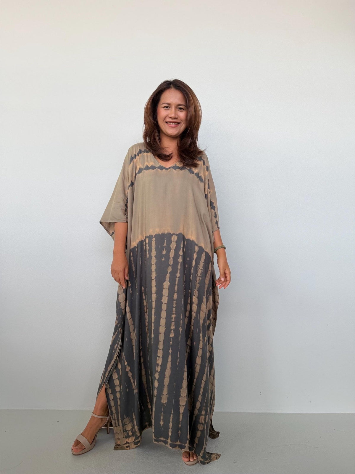 Eva Kaftan in Brown & Sand Tie Dye - Horizon Pattern-AA-37-Mala Handworks