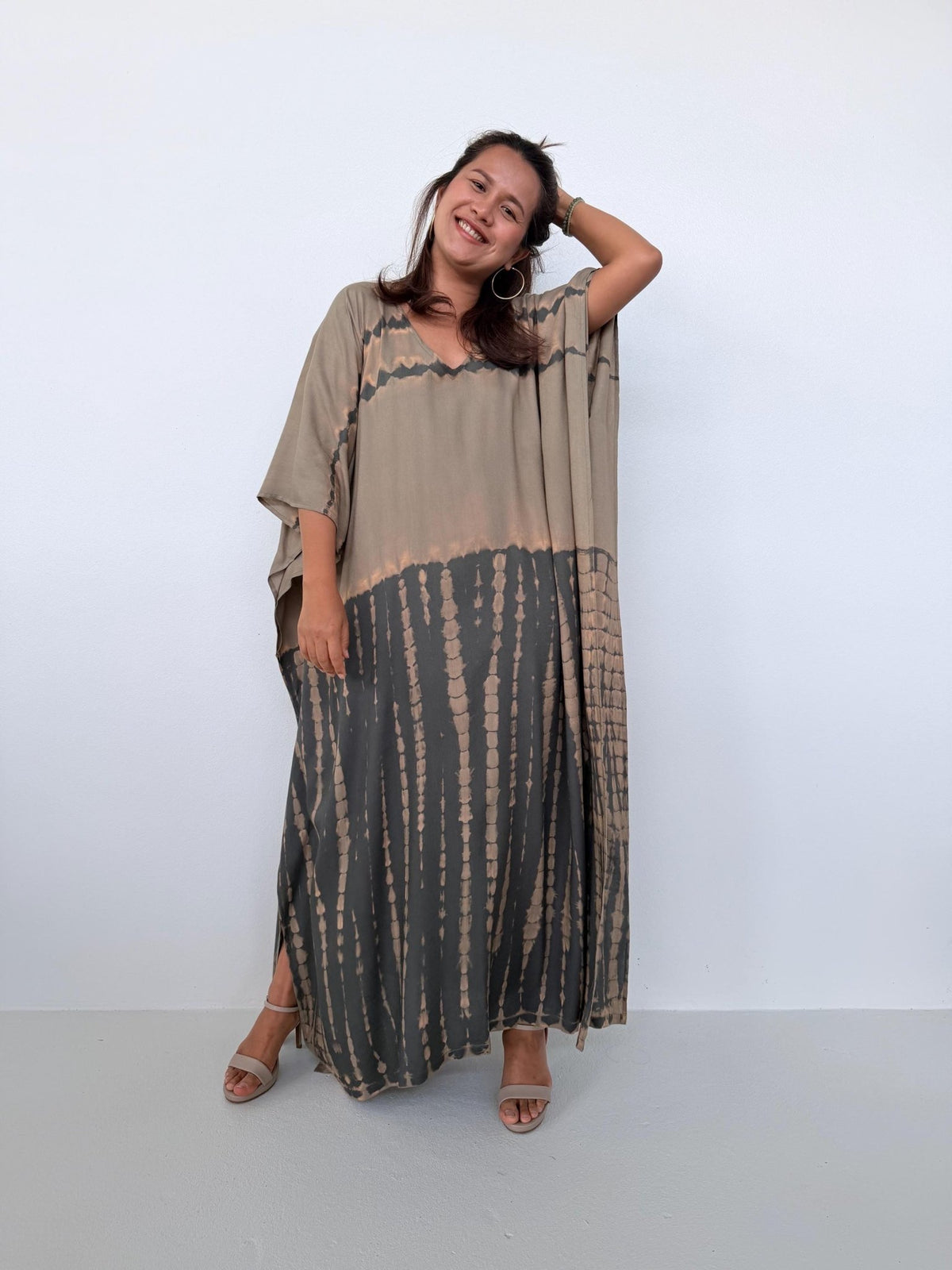 Eva Kaftan in Brown & Sand Tie Dye - Horizon Pattern-AA-37-Mala Handworks