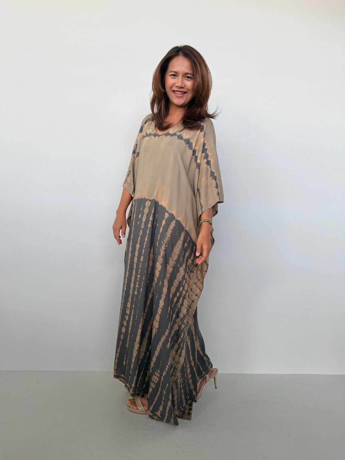 Eva Kaftan in Brown & Sand Tie Dye - Horizon Pattern-AA-37-Mala Handworks