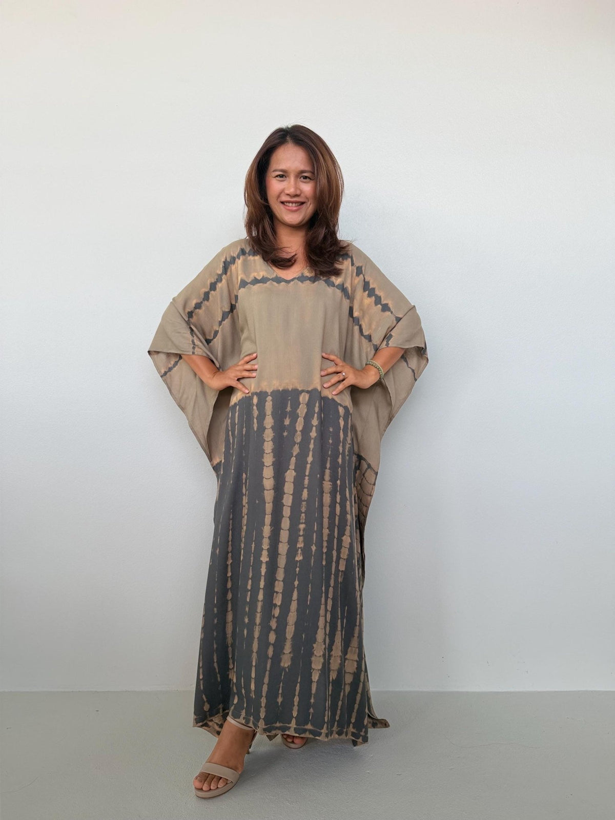 Eva Kaftan in Brown & Sand Tie Dye - Horizon Pattern-AA-37-Mala Handworks
