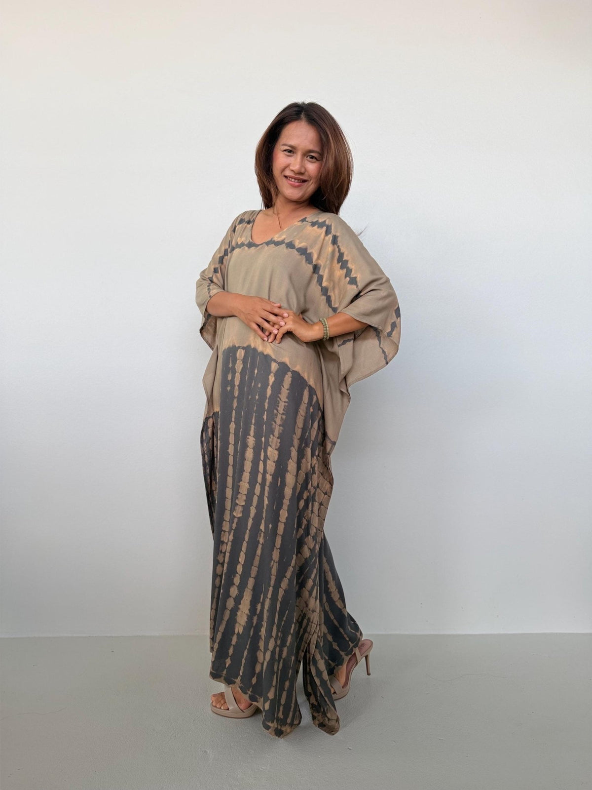 Eva Kaftan in Brown & Sand Tie Dye - Horizon Pattern-AA-37-Mala Handworks