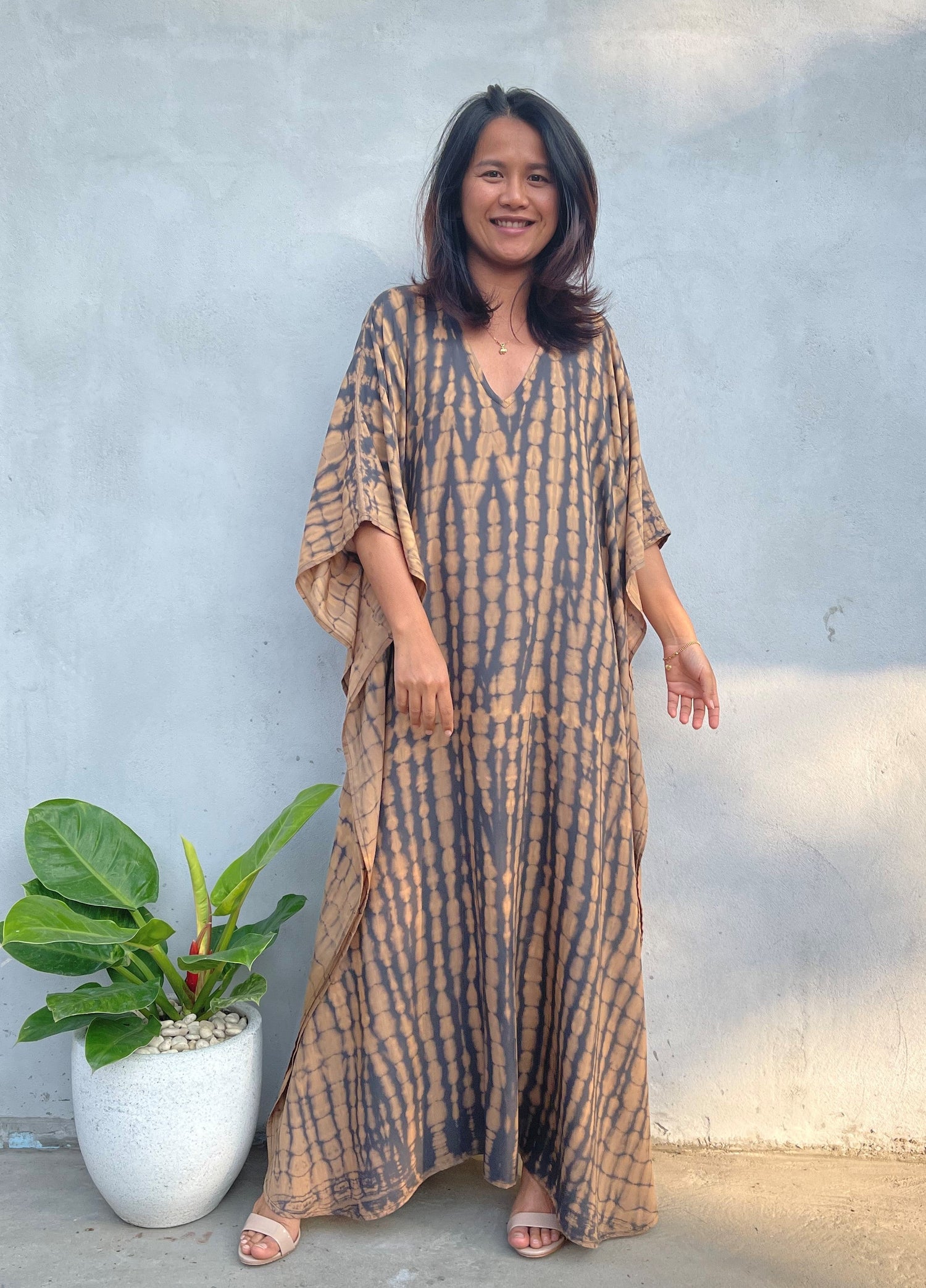 MALA handworks Eva Kaftan in Gray and Brown Tie Dye