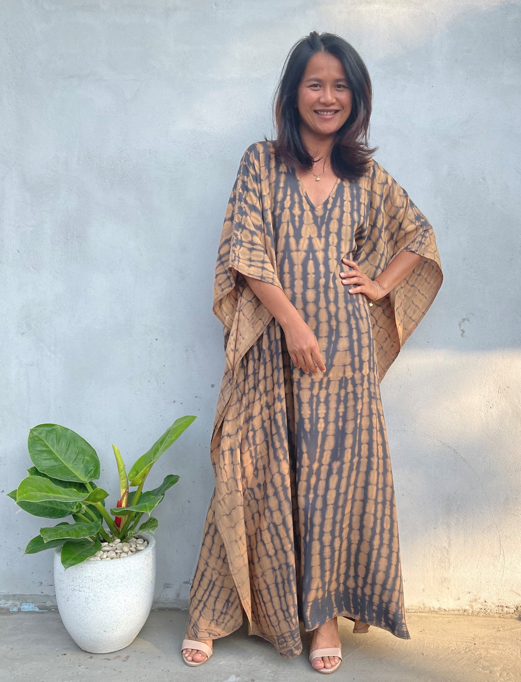 MALA handworks Eva Kaftan in Gray and Brown Tie Dye