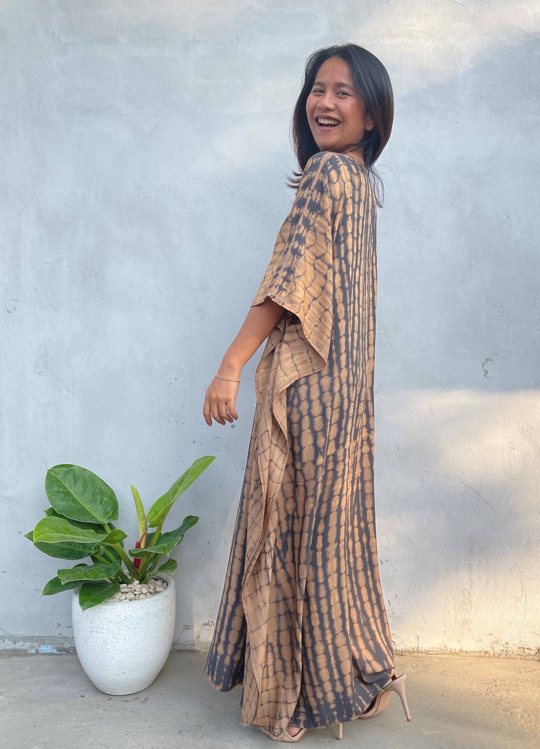 MALA handworks Eva Kaftan in Gray and Brown Tie Dye
