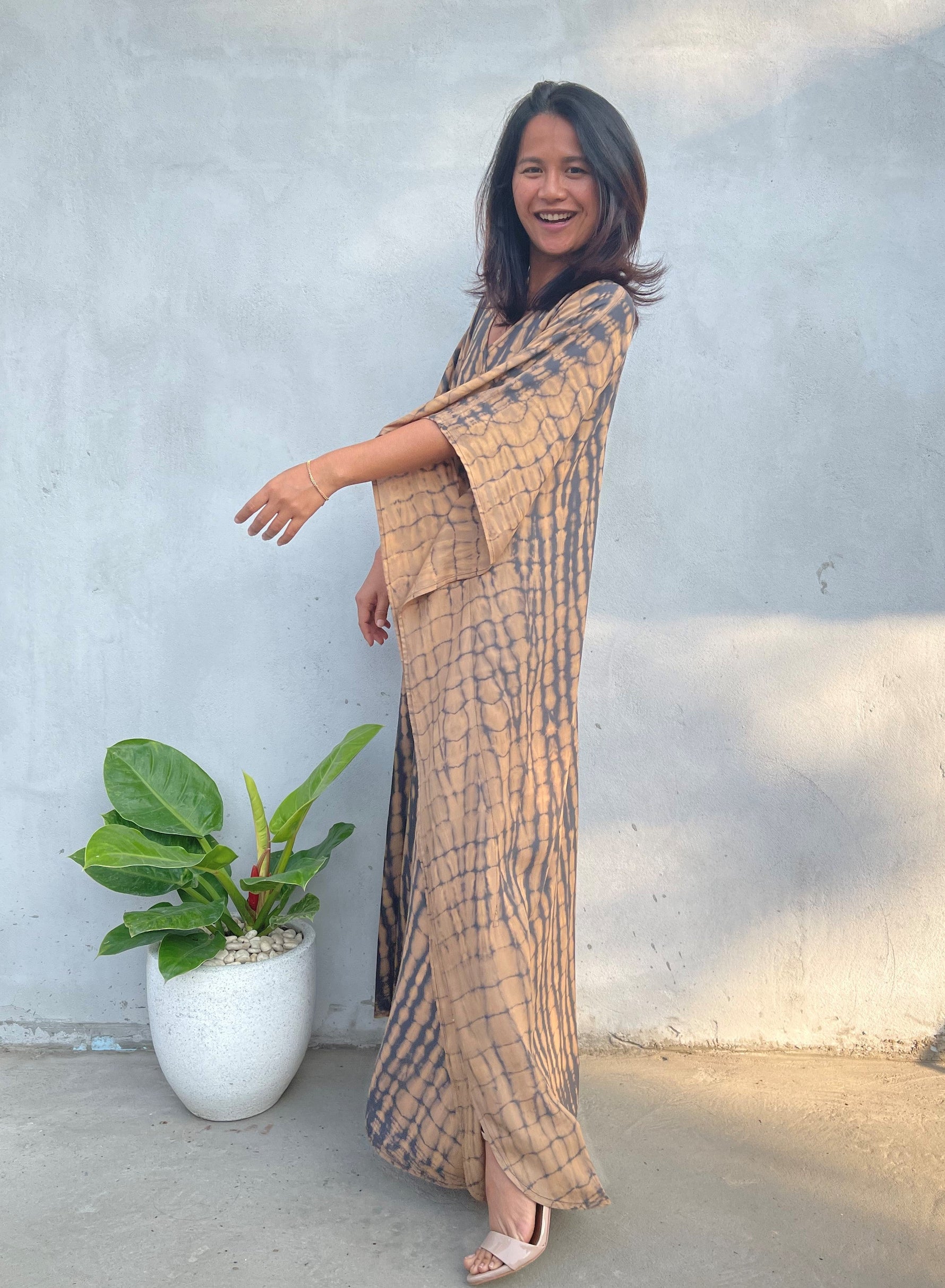 MALA handworks Eva Kaftan in Gray and Brown Tie Dye