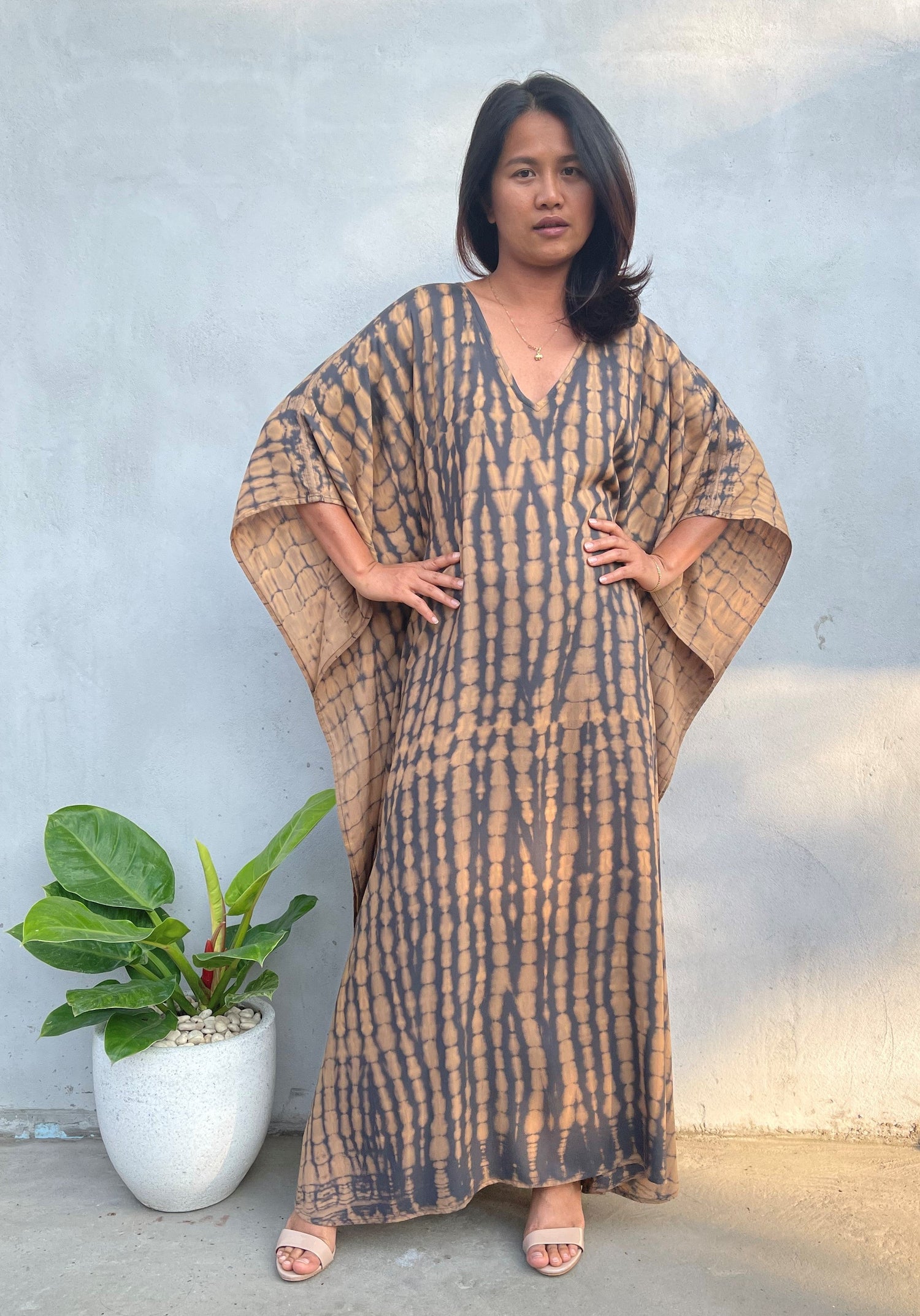 MALA handworks Eva Kaftan in Gray and Brown Tie Dye