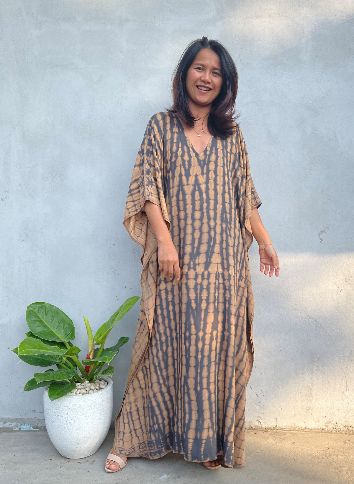 MALA handworks Eva Kaftan in Gray and Brown Tie Dye