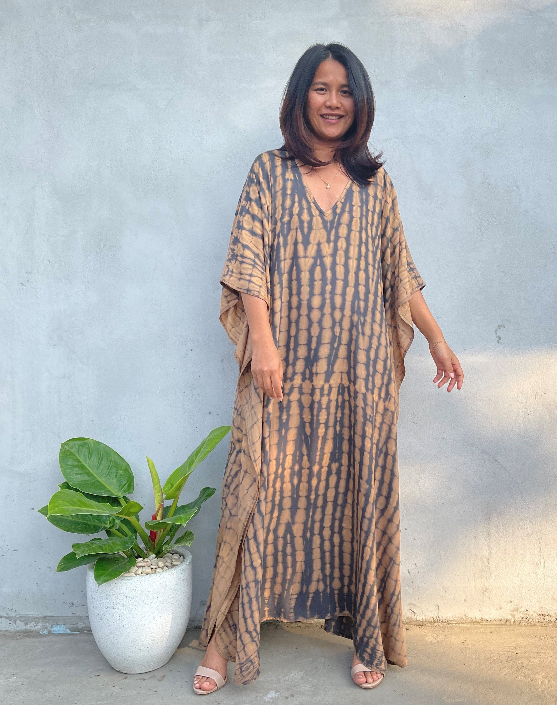 MALA handworks Eva Kaftan in Gray and Brown Tie Dye